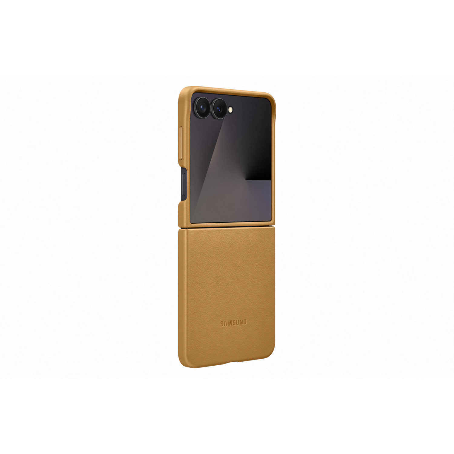 Een bruinleren telefoonhoesje, opengeklapt om een zwart scherm en twee cameralenzen te onthullen. Het Samsung-logo is zichtbaar.