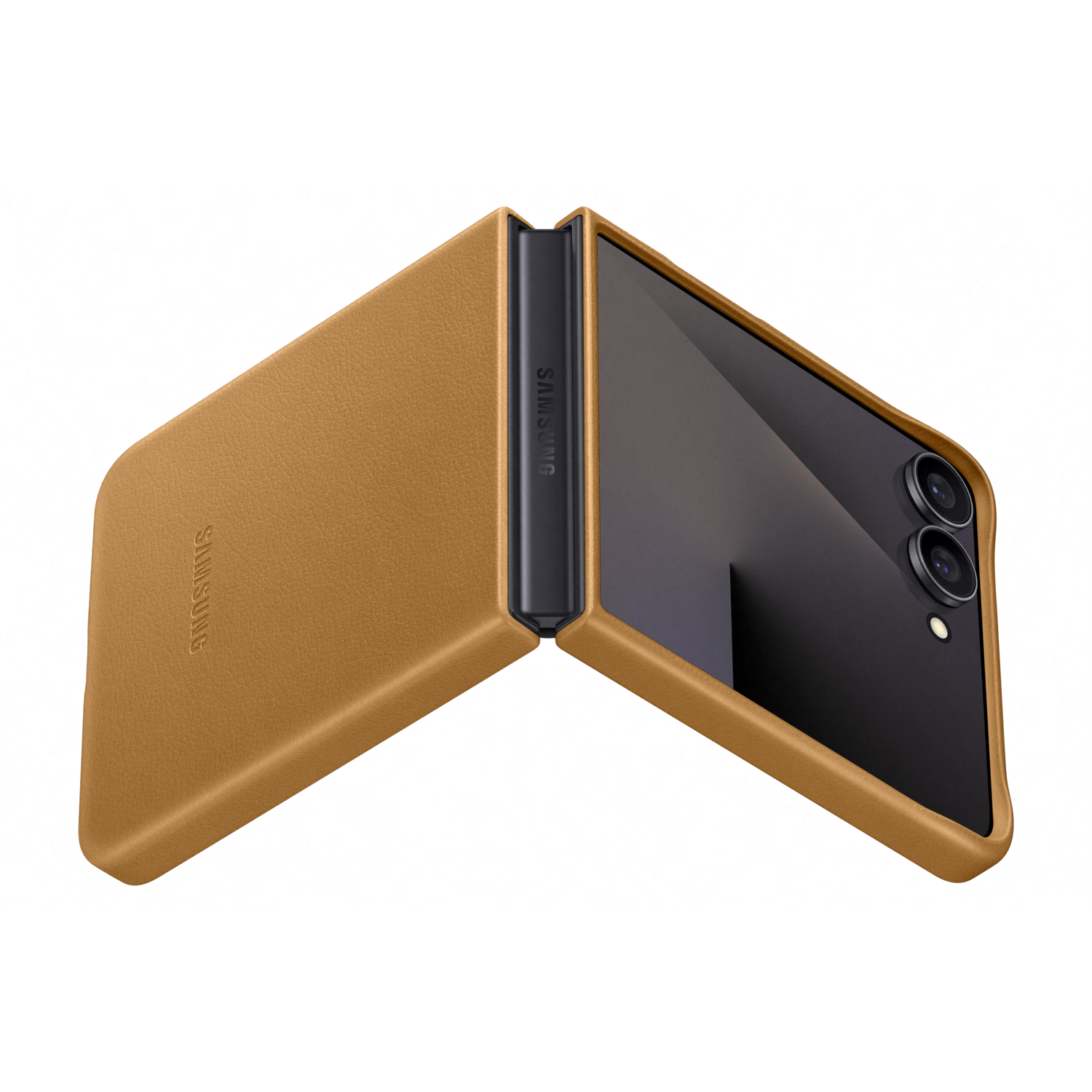 Open Samsung-telefoon in een bruinleren hoesje. Zwart scherm en camera's zichtbaar. Samsung-logo aanwezig.