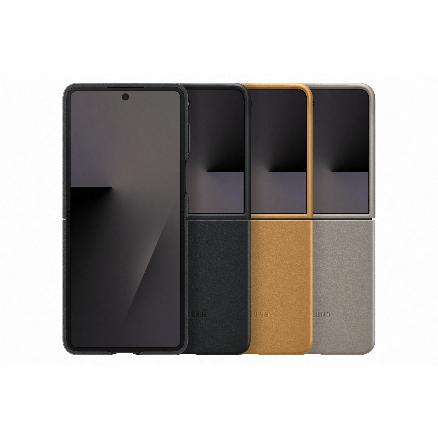 Vier Samsung Galaxy Z Flip-telefoons in verschillende hoesjes: zwart, zwart leer, bruin leer en grijs leer, allemaal op wit.