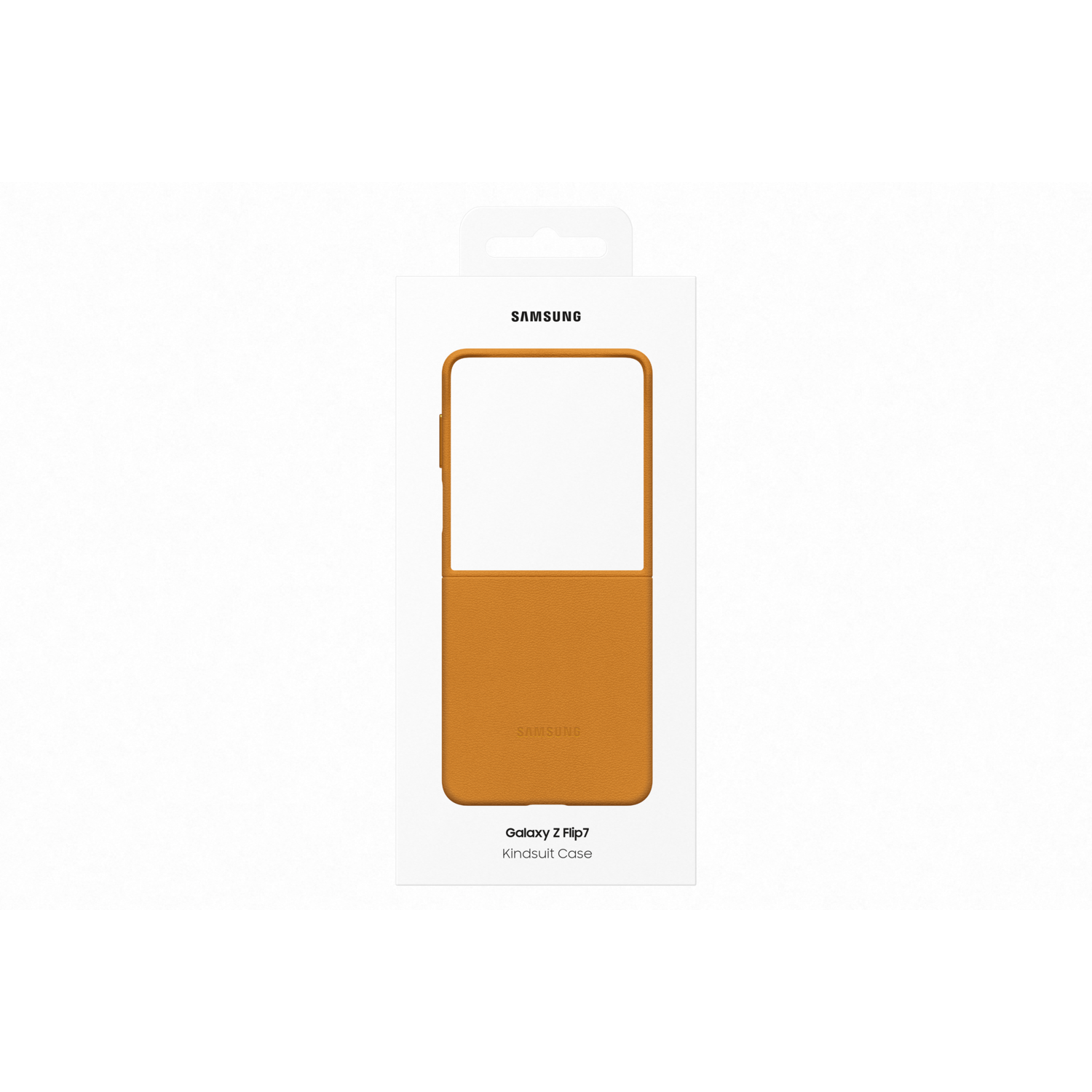 Een Samsung Galaxy Z Flip7 hoesje wordt gepresenteerd in een witte doos. De hoes is oranje, met het Samsung logo zichtbaar.