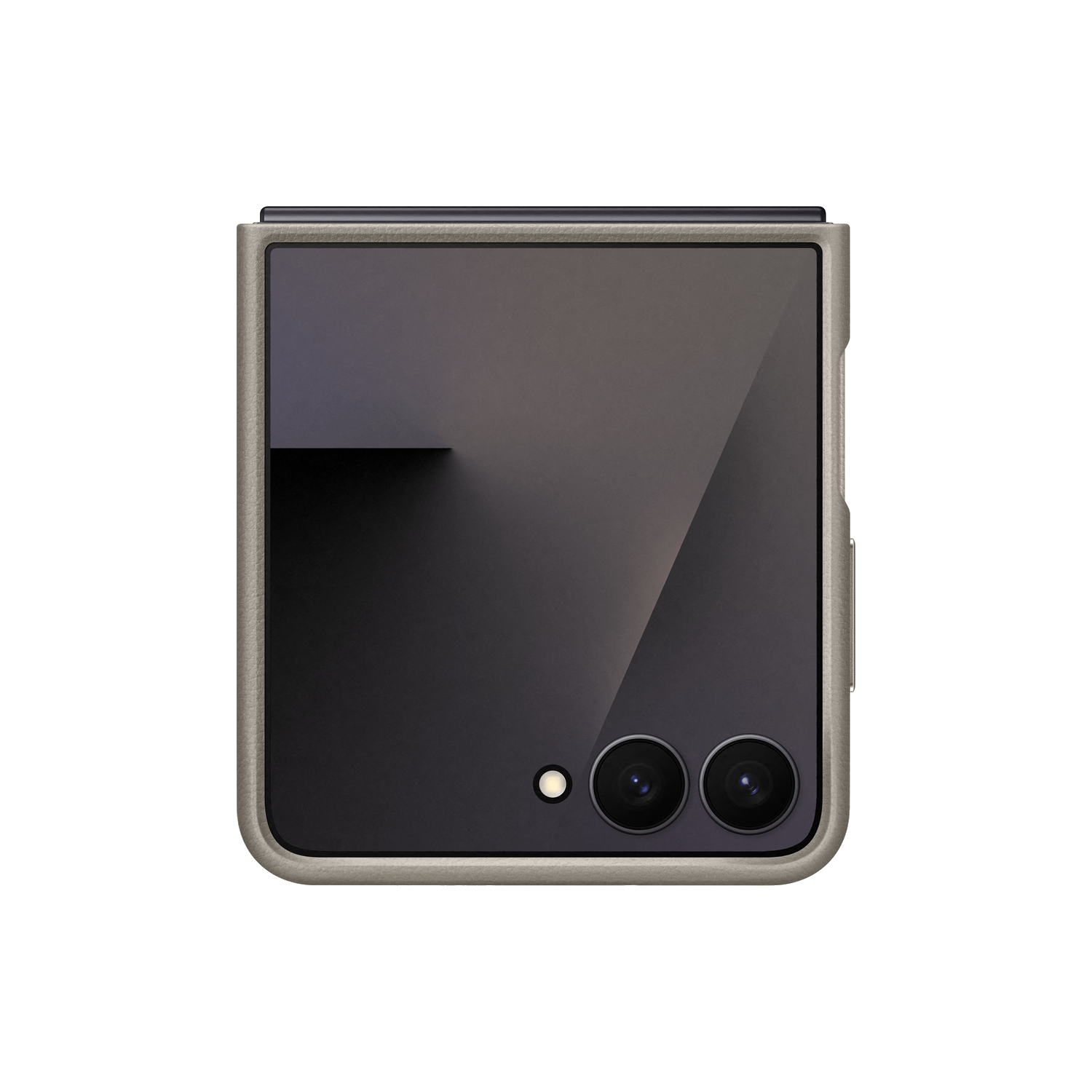 Een opgevouwen, donkergrijze smartphone met een beige frame, twee lenzen en een flits op zwarte achtergrond.