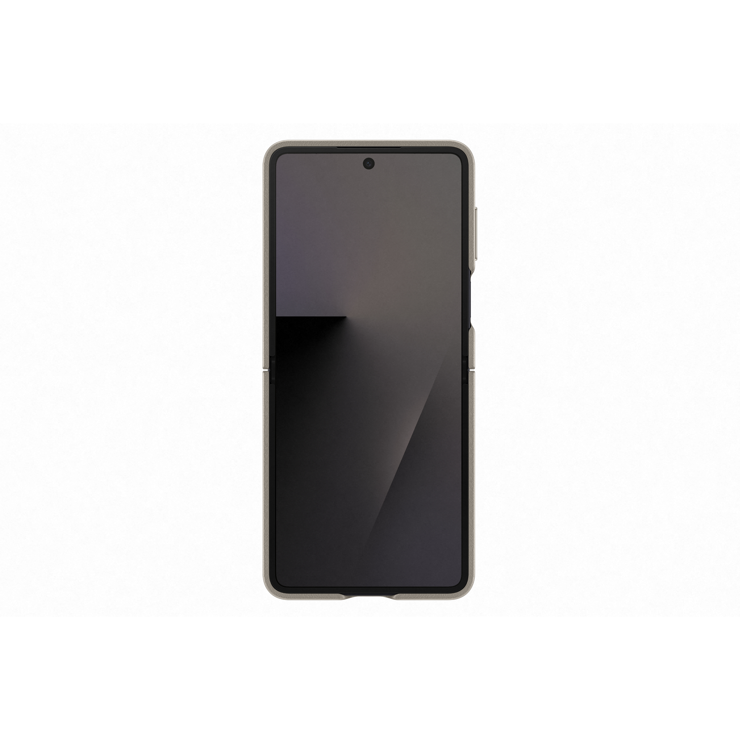 Een smartphone met een donker scherm en een grijze behuizing. De achtergrond is effen wit.