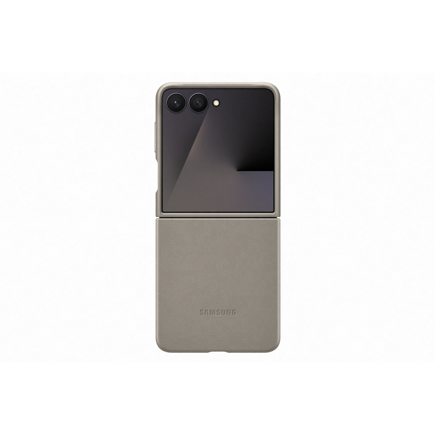 Een grijze, opvouwbare Samsung-telefoon wordt getoond. Hij is gedeeltelijk open, waardoor het scherm en de camera zichtbaar zijn. De case heeft een getextureerde afwerking.