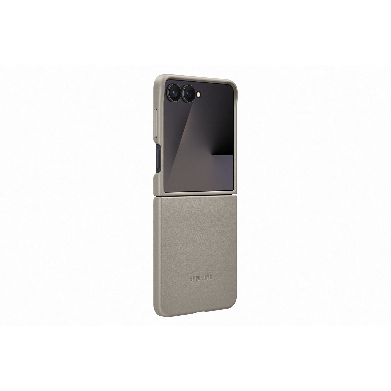 Een beige Samsung telefoonhoes, open. Het scherm van de telefoon is donker en de hoes heeft het Samsung logo. Witte achtergrond.