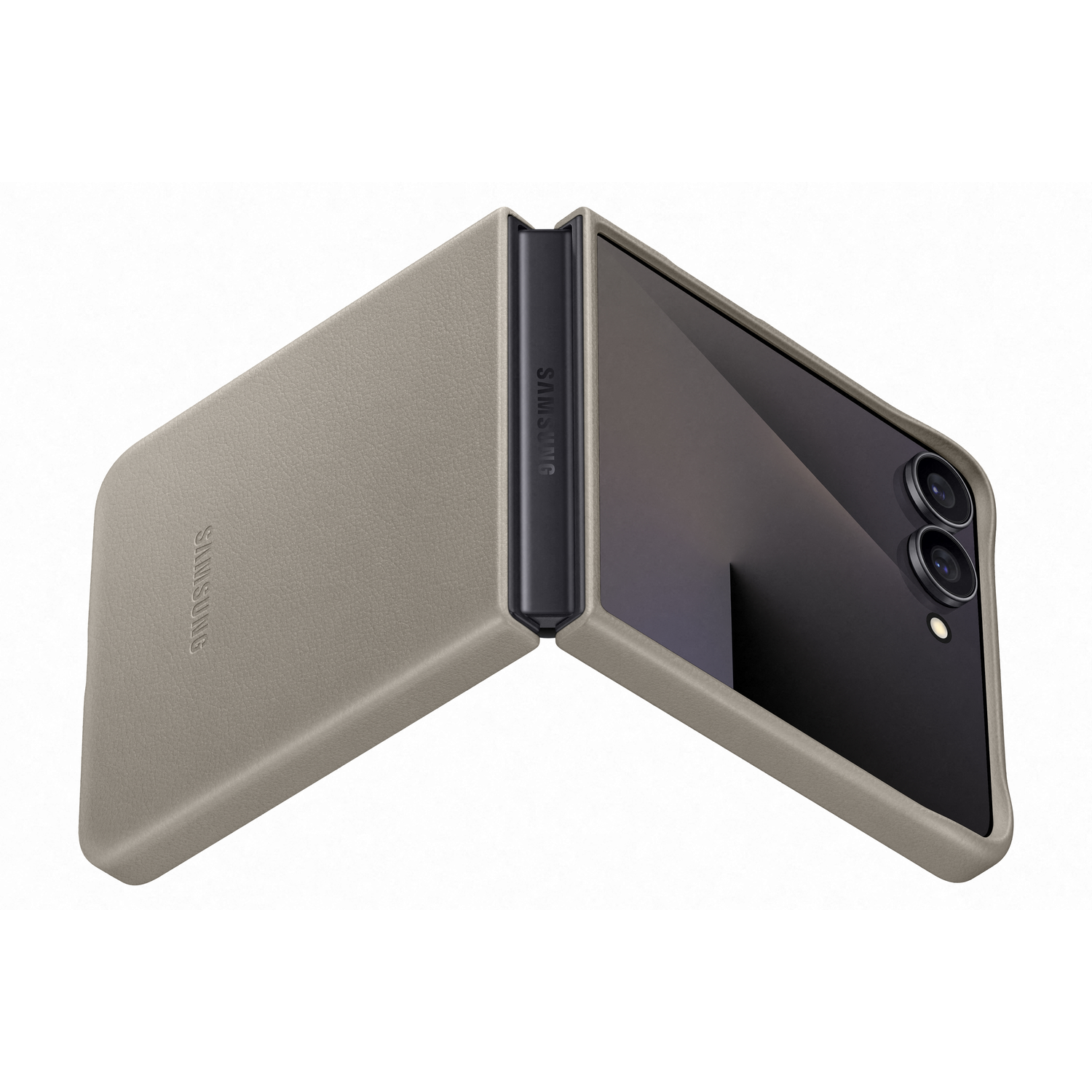 Een opengevouwen Samsung telefoon. De telefoon is grijs, met twee camera's. De achtergrond is wit.