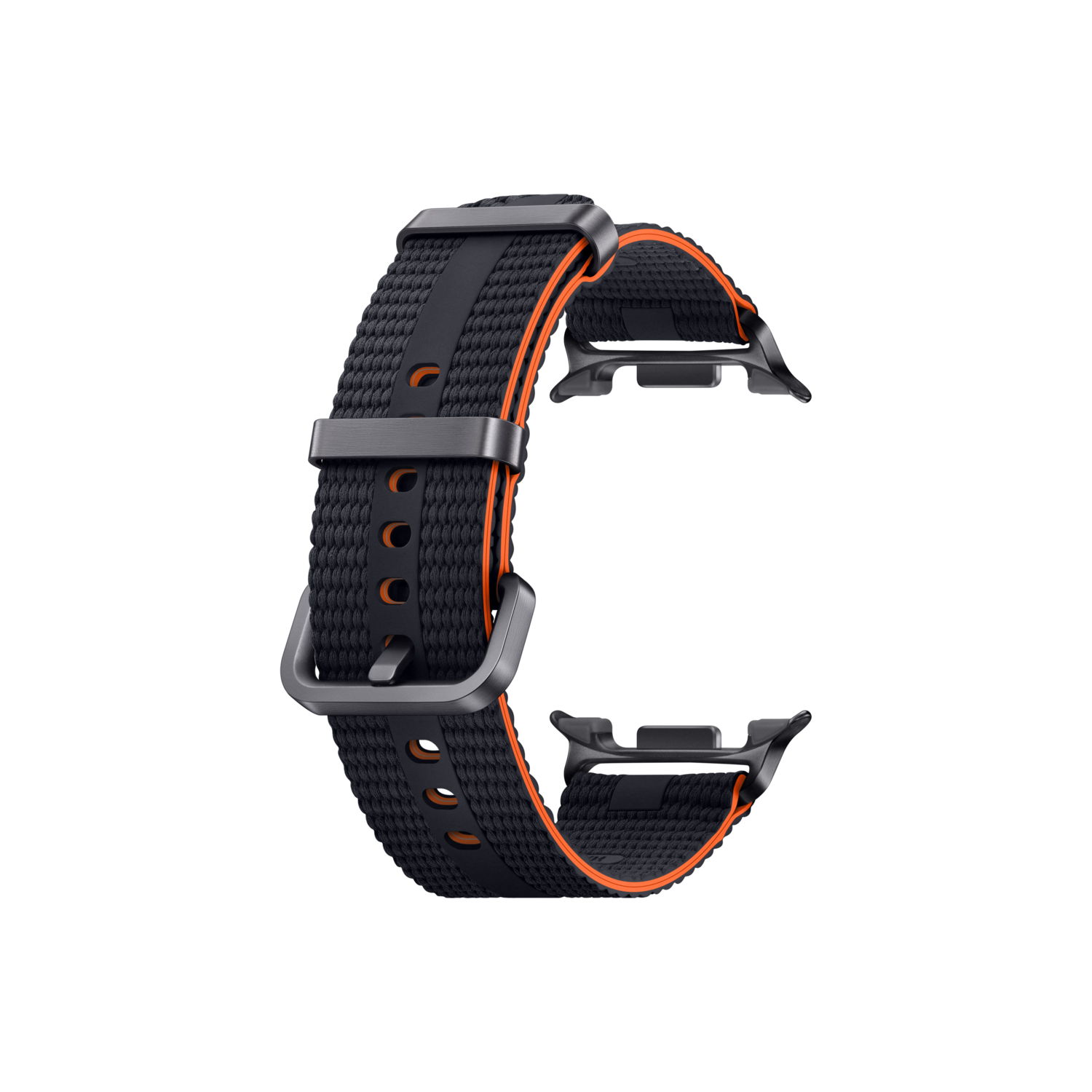Zwarte horlogeband met oranje afwerking en metalen sluiting. De band is getextureerd en heeft oranje stiksels.