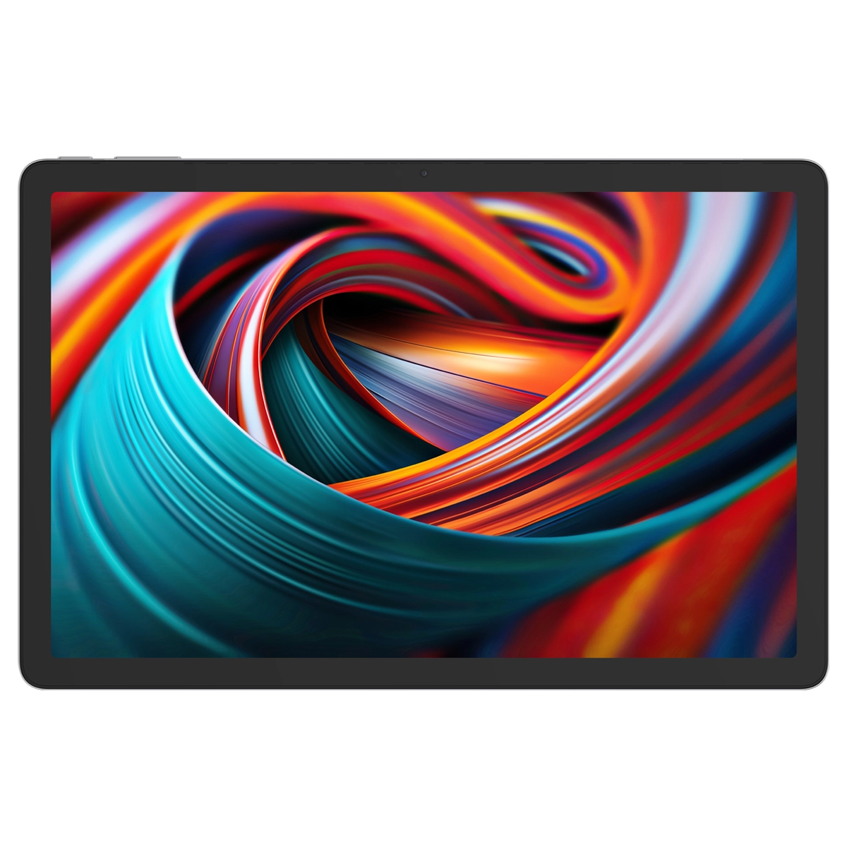 Mavi, turuncu, kırmızı ve beyaz tonlarında renkli, soyut bir girdap tasarımını gösteren bir tablet. Tabletin siyah bir çerçevesi var.