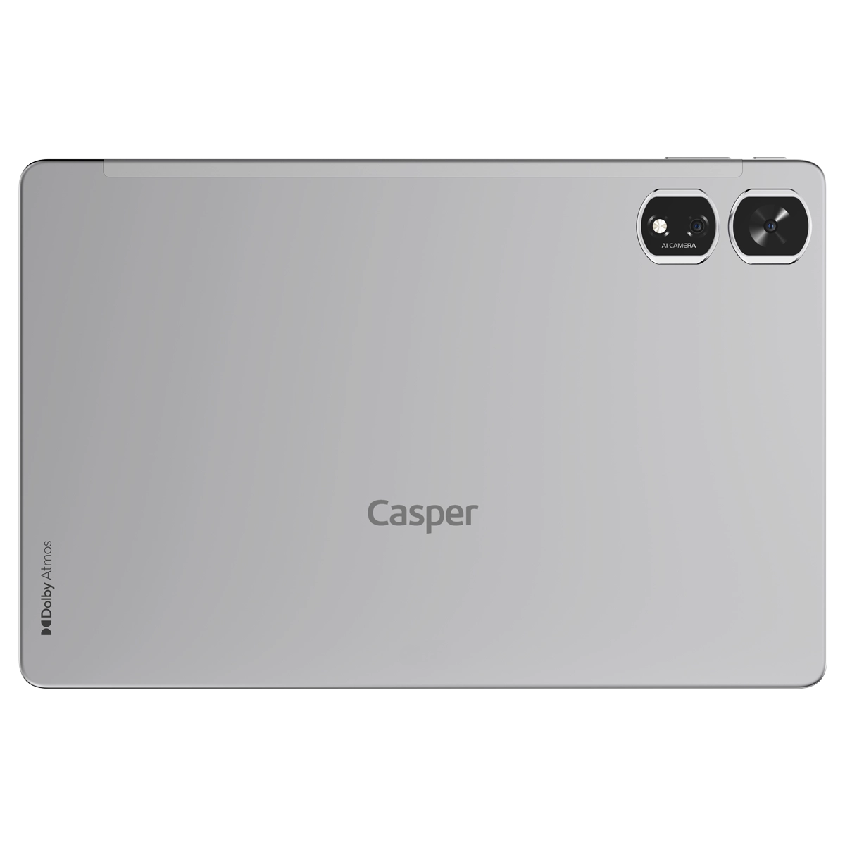 Gümüş tablet arkası. Çift kamera, AI kamera etiketi, Casper logosu ve Dolby Atmos markası içerir.
