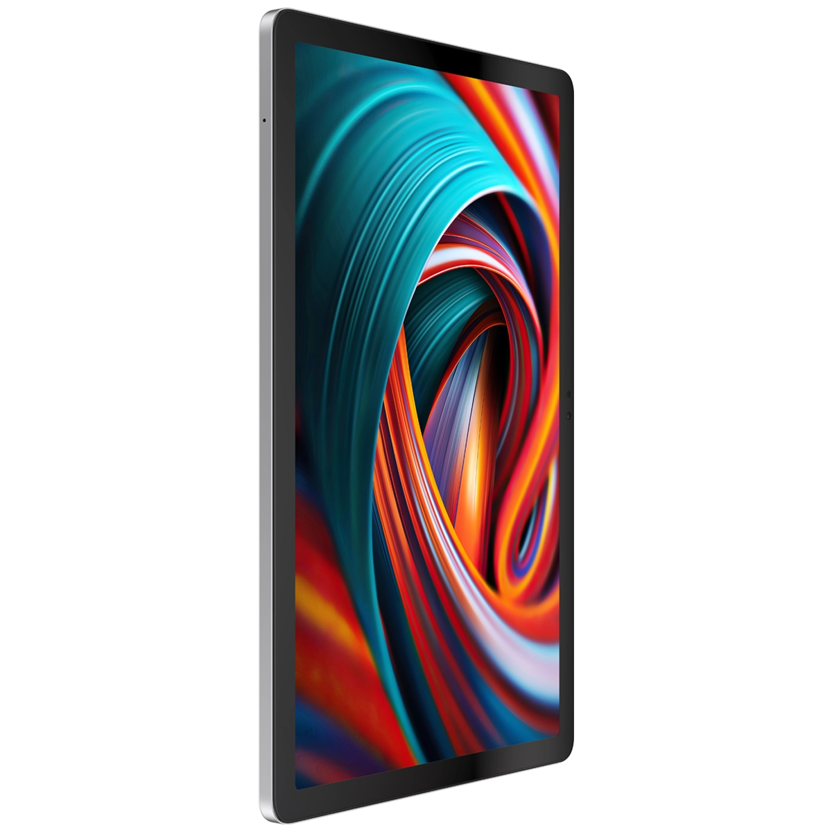 Gümüş çerçeveli bir tablet, dönen mavi, yeşil, turuncu ve kırmızı şekillerden oluşan renkli bir soyut tasarım sergiliyor.