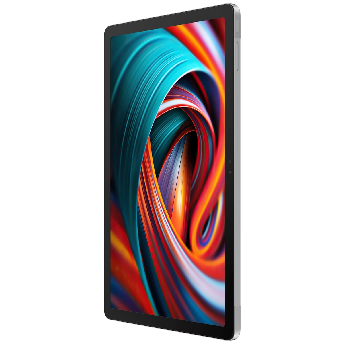 Bir tablet, dönen, renkli soyut bir tasarım görüntüler. Tabletin siyah çerçevesi, gümüş çerçevesi vardır ve açılıdır.