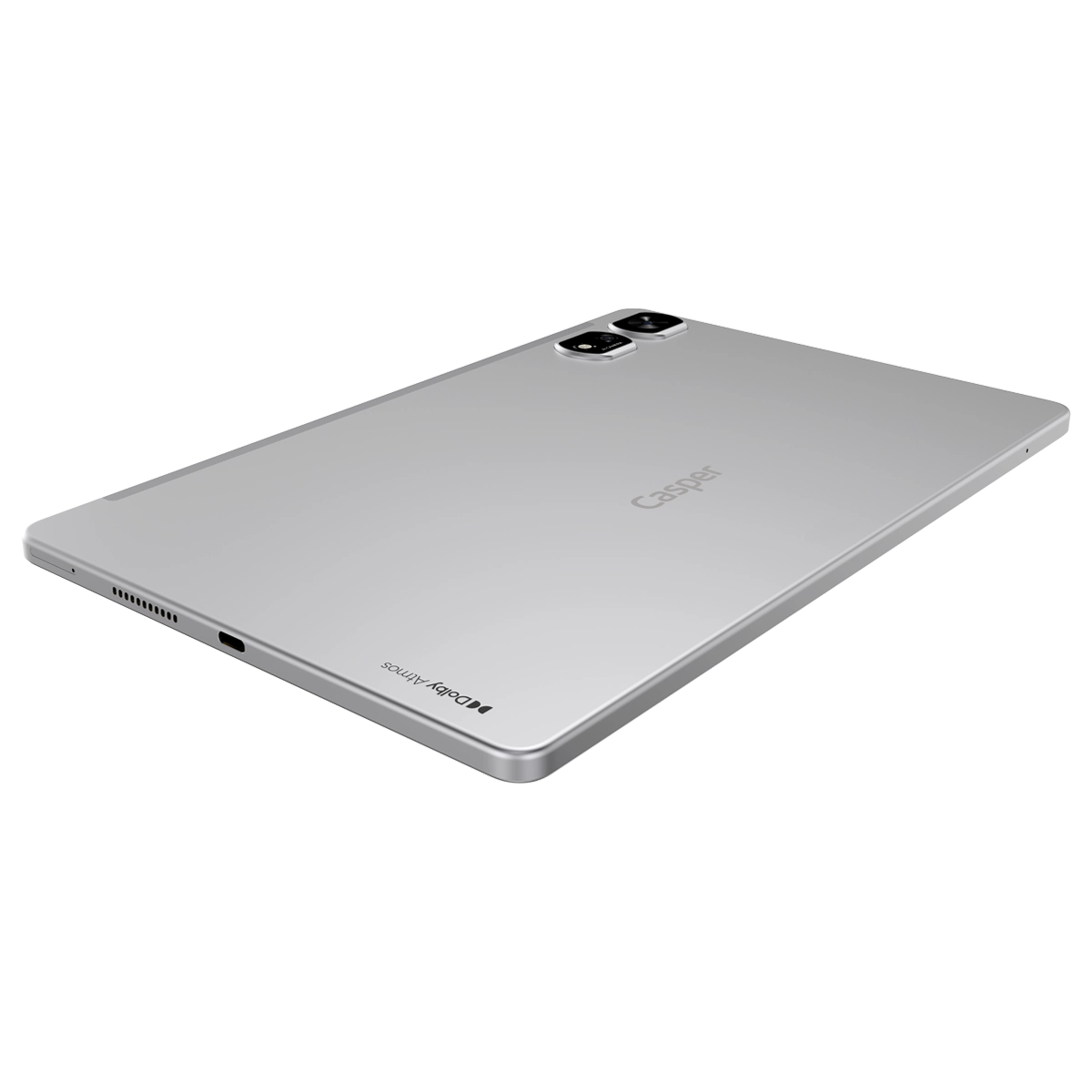 Gümüş renkli bir Casper tablet. Tabletin üst kısmında iki kamera, bir hoparlör ve bir şarj portu bulunuyor. Dolby Atmos logosu görülebilir.