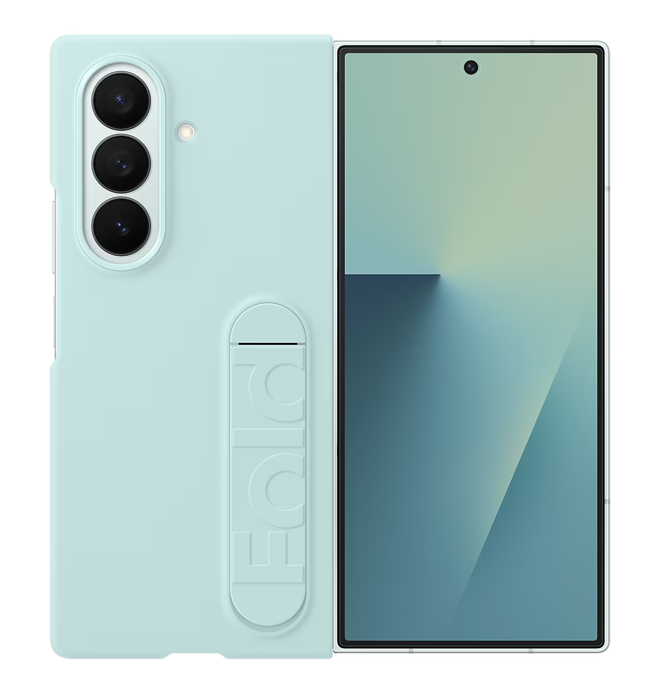 Jasnoniebieski smartfon z potrójnym obiektywem i ekranem. Telefon jest w etui z napisem "FOLD".