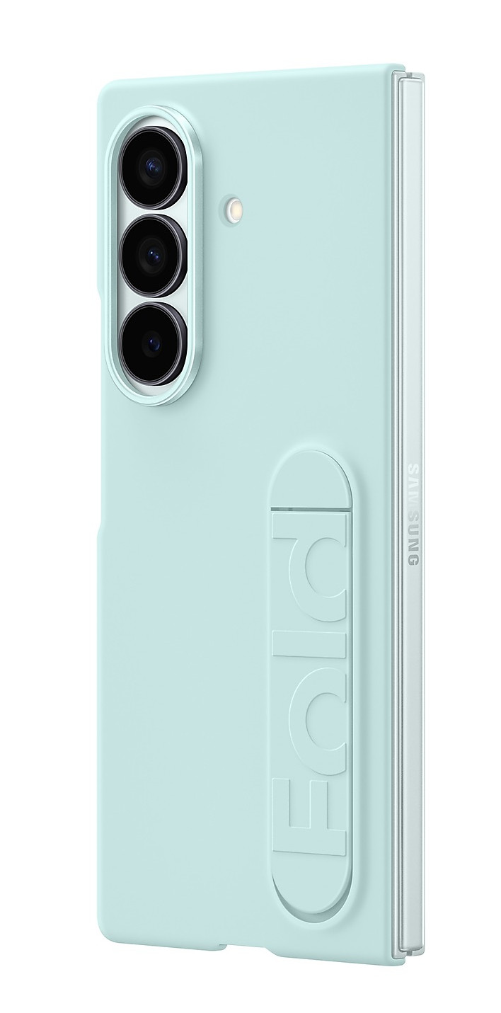 Jasnoniebieskie etui na telefon z wytłoczonym napisem 'FOLD' i trzema obiektywami aparatu. Widoczna marka SAMSUNG.