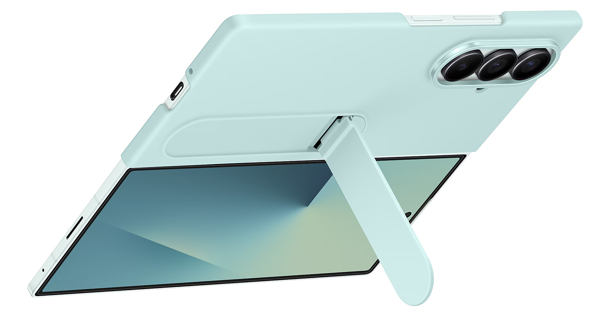 Jasnoniebieski tablet ze stojakiem jest podparty. Ekran wyświetla gradient niebieskiego i zielonego. Widoczne są trzy obiektywy kamery.