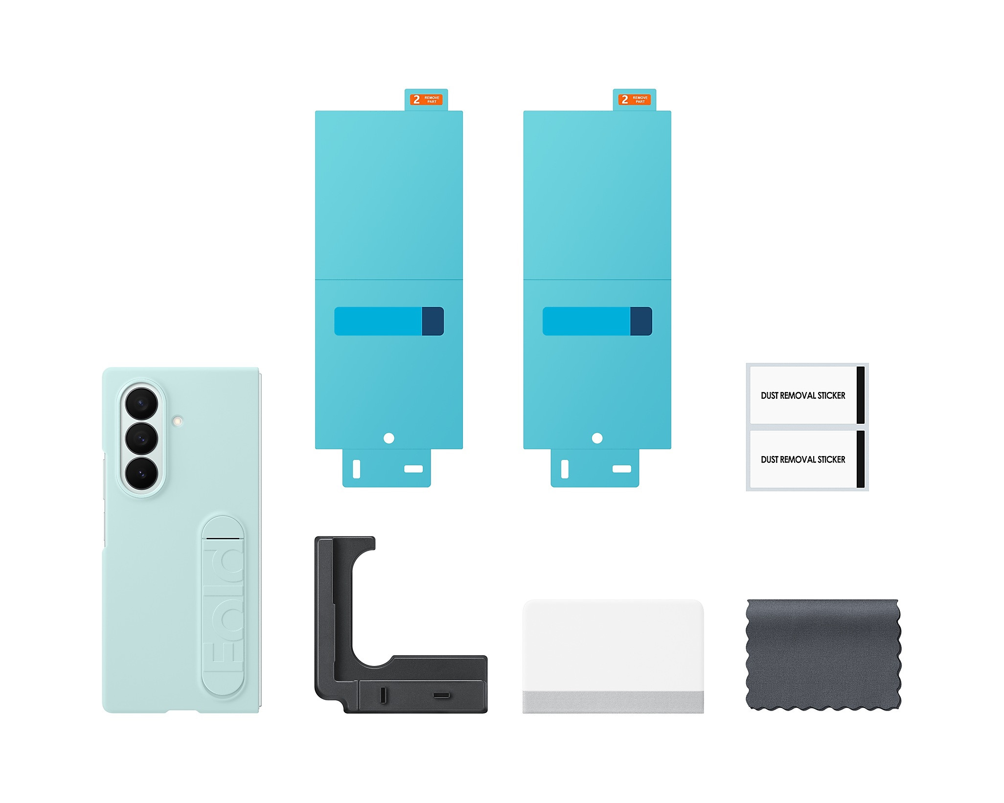 Jasnoniebieskie etui na telefon, ochraniacze ekranu, stojak ładujący, ściągaczka, naklejki do usuwania kurzu i ściereczka do czyszczenia.
