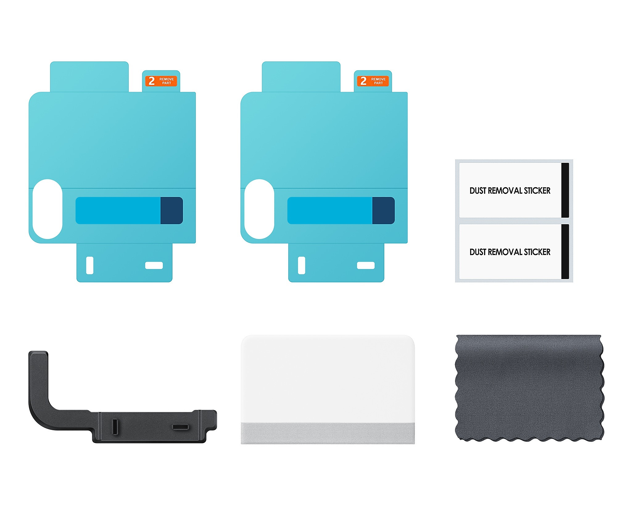 Układ akcesoriów. Zawiera niebieskie osłony ekranu, naklejki do usuwania kurzu, ładowarkę, ściereczkę do czyszczenia i białe urządzenie.