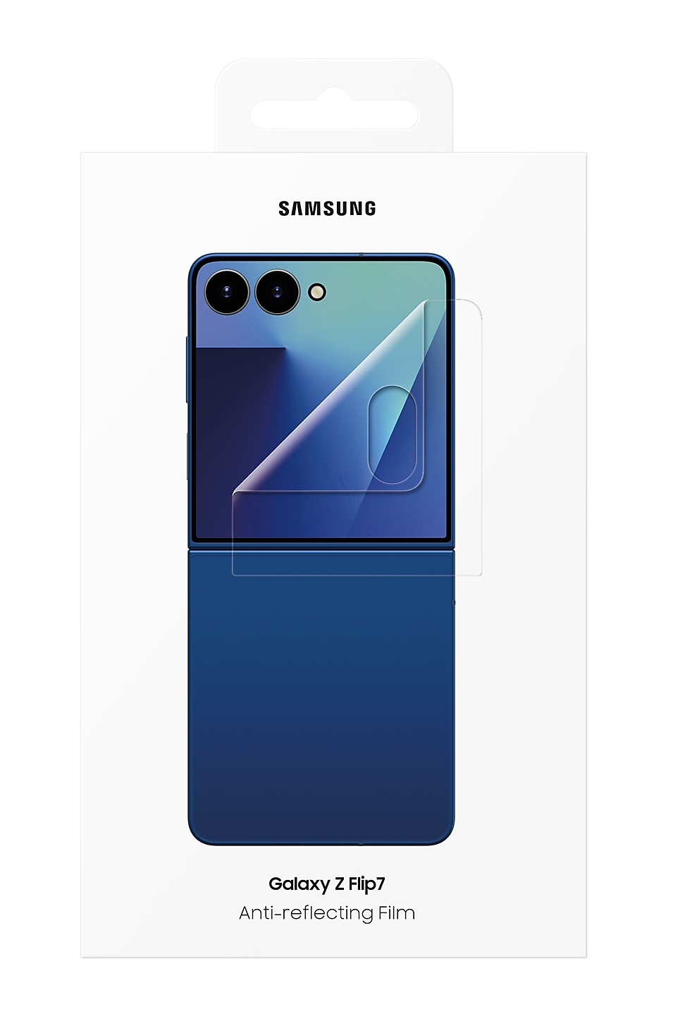 Pudełko folii antyrefleksyjnej Samsung Galaxy Z Flip7. Telefon jest niebieski, z aparatami u góry. Pudełko jest białe, z czarnym uchwytem.