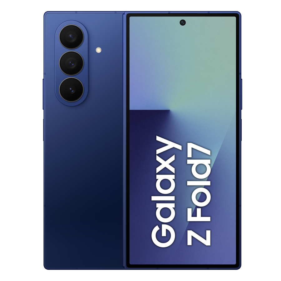 Niebieski telefon Samsung Galaxy Z Fold7, złożony. Ma trzy tylne aparaty, a ekran wyświetla biały napis 'Galaxy Z Fold7'.