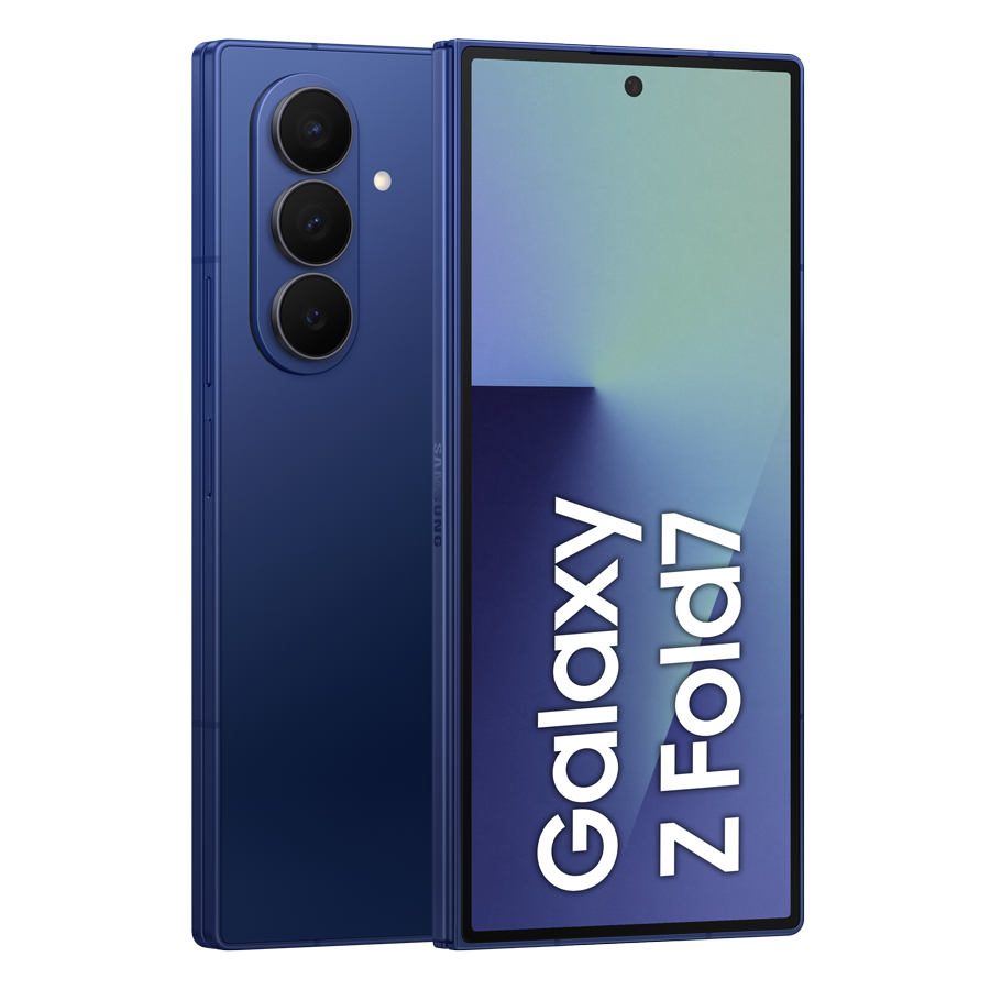 Niebieski telefon Samsung Galaxy Z Fold7, otwarty i zamknięty. Ekran wyświetla 'Galaxy Z Fold7'. Widoczne trzy aparaty.