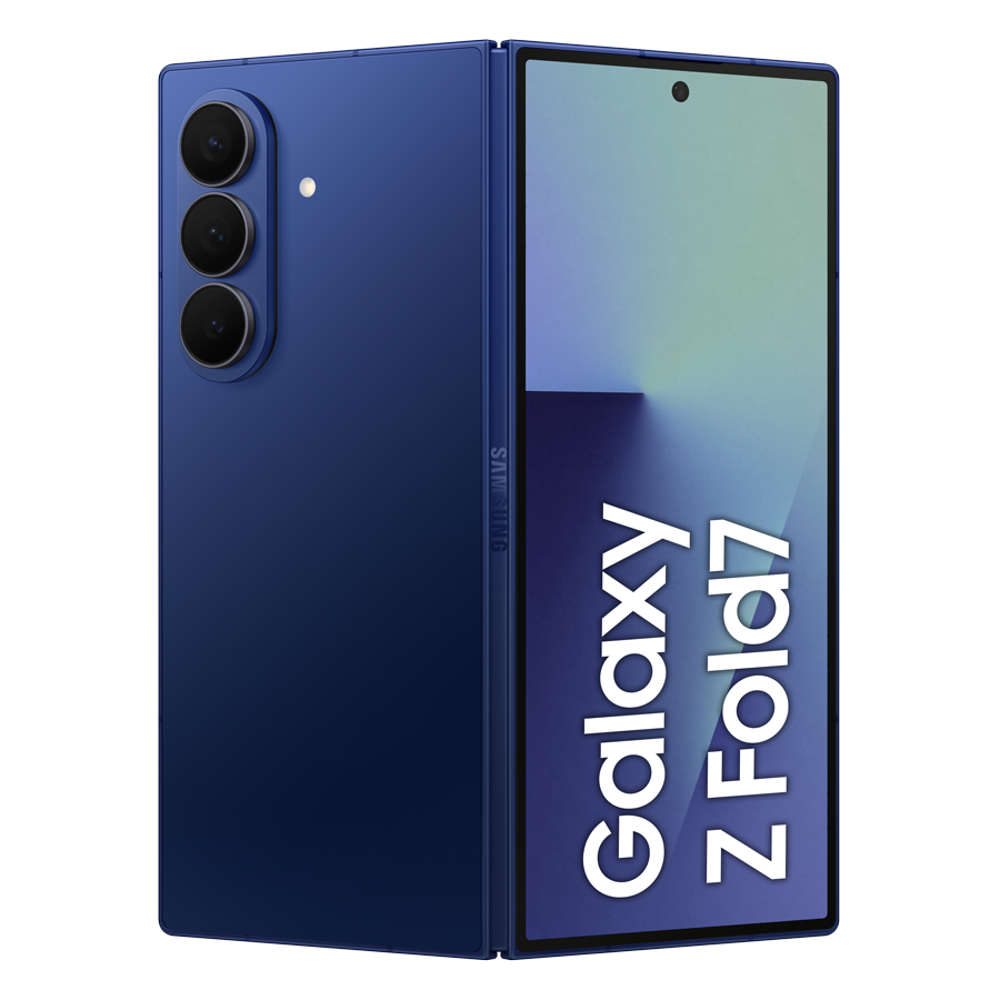 Niebieski telefon Samsung Galaxy Z Fold7, częściowo otwarty. Posiada trzy tylne kamery, przednią kamerę i logo Galaxy Z Fold7.