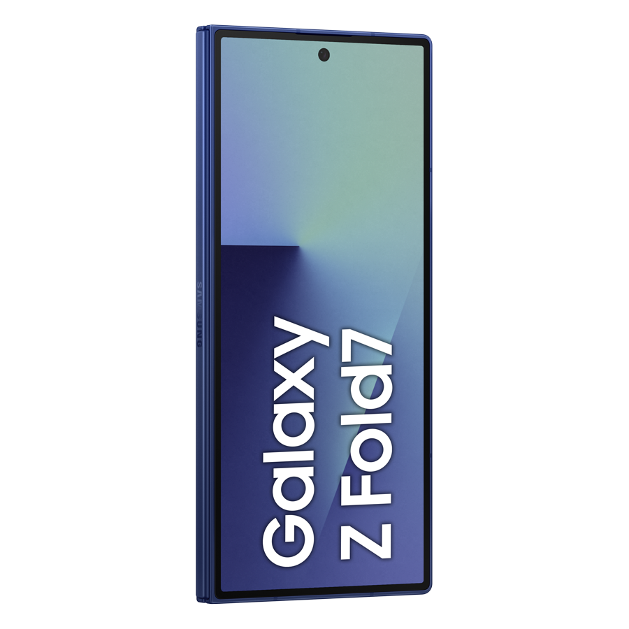 Wyświetlany jest niebieski telefon Samsung Galaxy Z Fold7, ekran pokazuje gradientowe tło z nazwą telefonu.