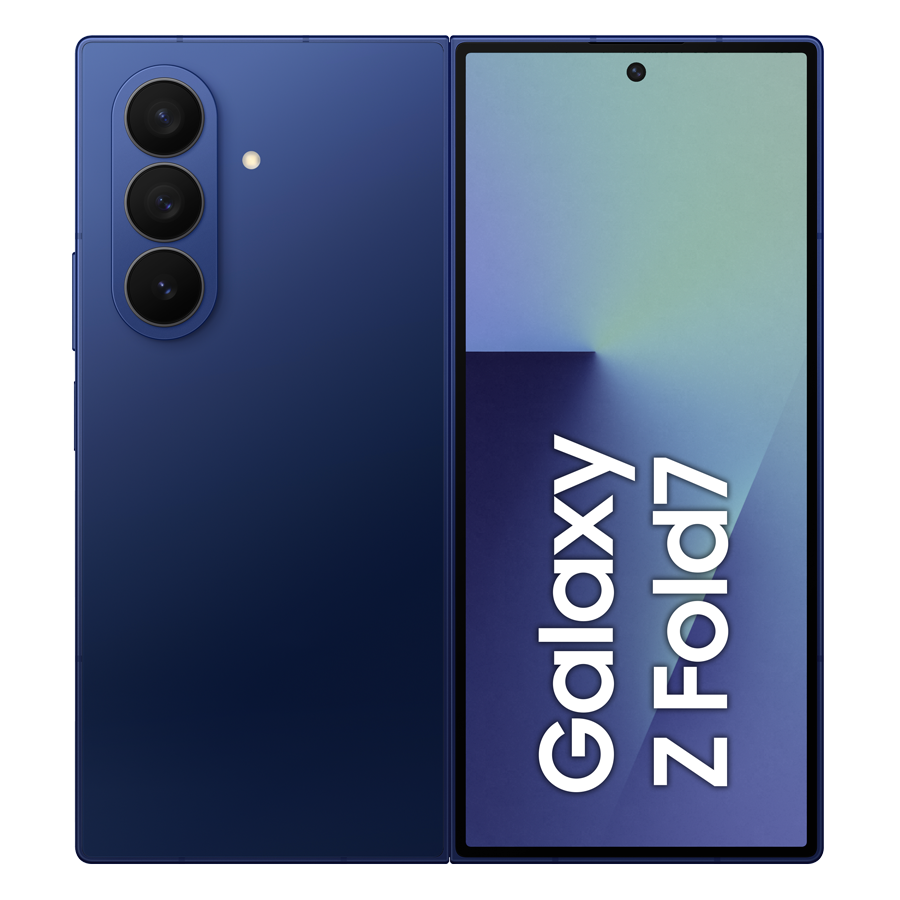 Granatowy telefon Galaxy Z Fold7, otwarty, aby odsłonić ekran. Ekran wyświetla nazwę Galaxy Z Fold7. Z tyłu znajdują się trzy aparaty.