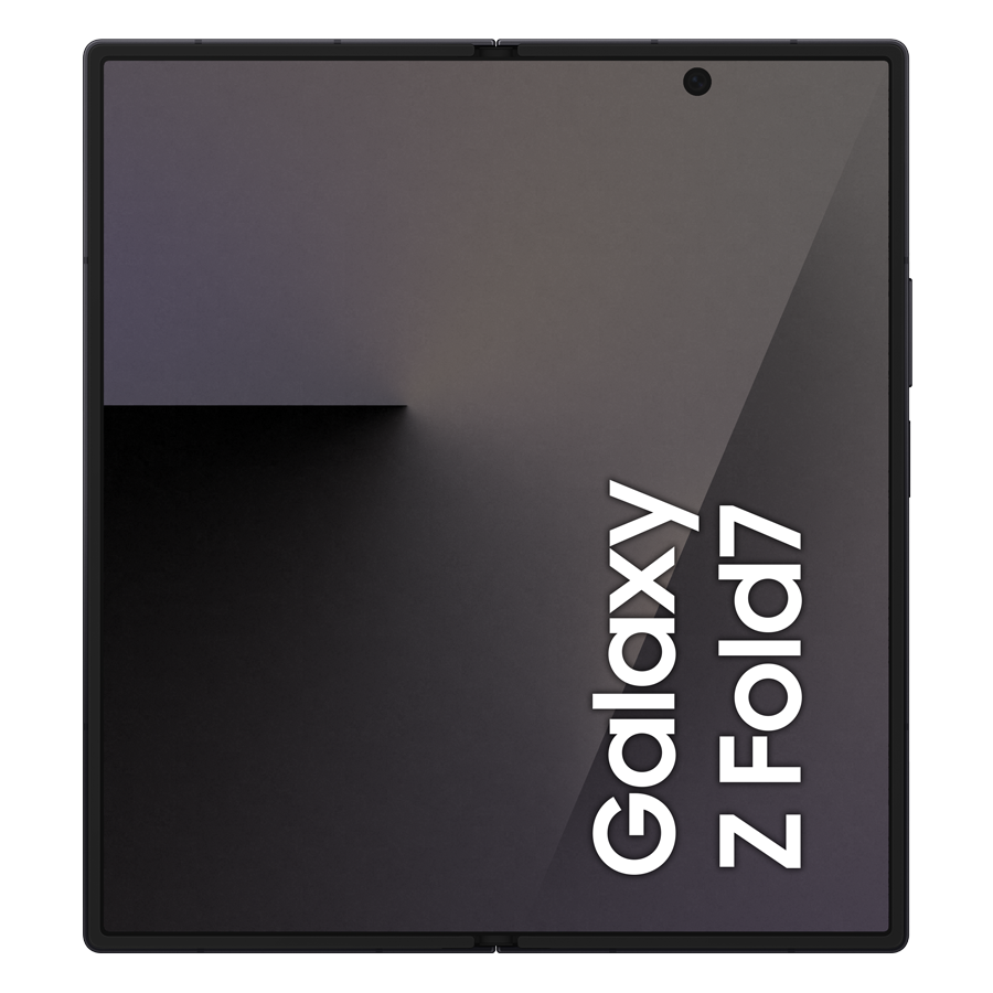 Czarny składany telefon z logo Galaxy Z Fold7. Ekran pokazuje gradient ciemnoszary i czarny. Widoczna jest kropka aparatu.