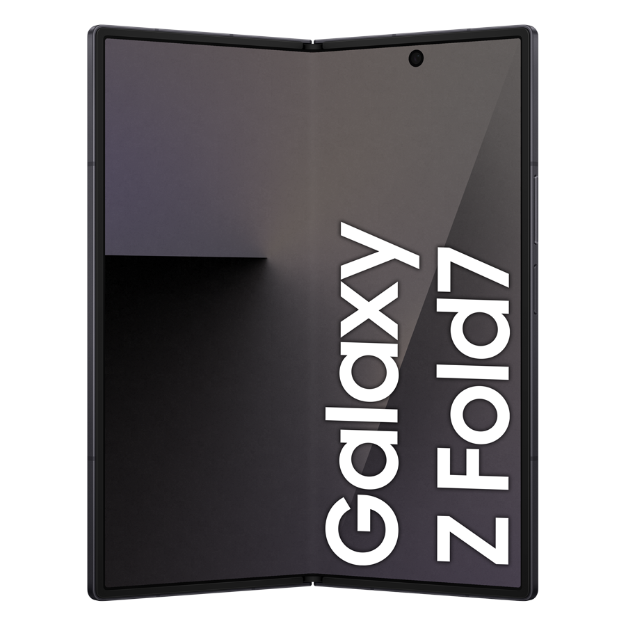 Składany telefon, Galaxy Z Fold7, otwarty. Ciemny ekran z białym logo. Czarna ramka, kropka aparatu u góry. Prosty, nowoczesny design.