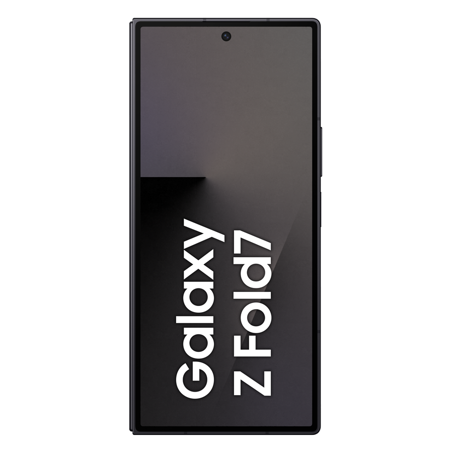 Czarny smartfon z włączonym ekranem, wyświetlający 'Galaxy Z Fold7' w kolorze białym. Telefon jest ustawiony pionowo i ma przedni aparat.