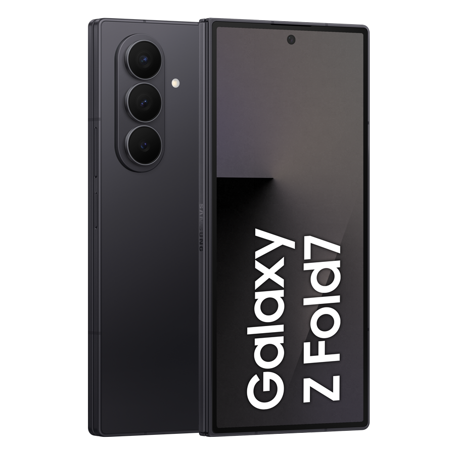 Składany czarny telefon Samsung Galaxy Z Fold7. Trzy tylne kamery, przednia kamera i nazwa Galaxy Z Fold7 na ekranie.