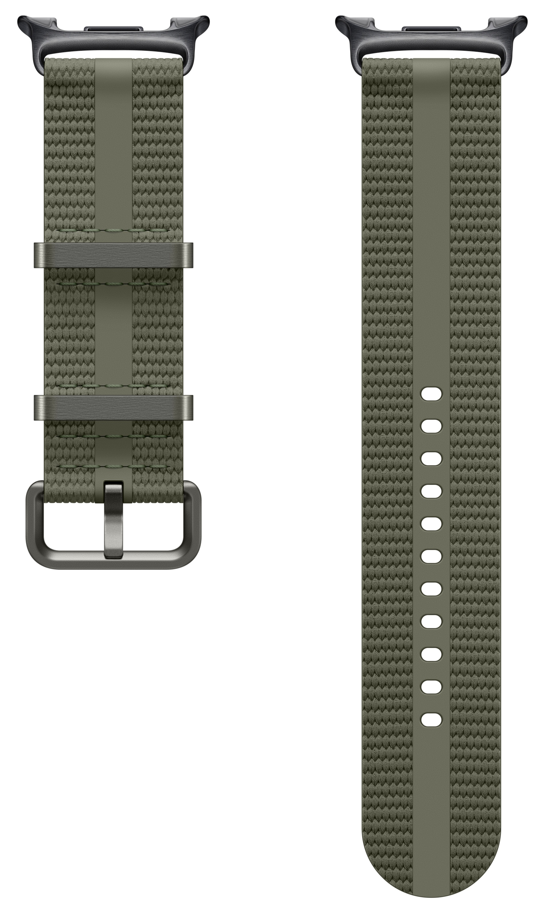 Dwa oliwkowozielone paski do zegarka. Jeden z klamrą i metalowymi pętlami, drugi z otworami do regulacji. Oba mają środkowy pasek.