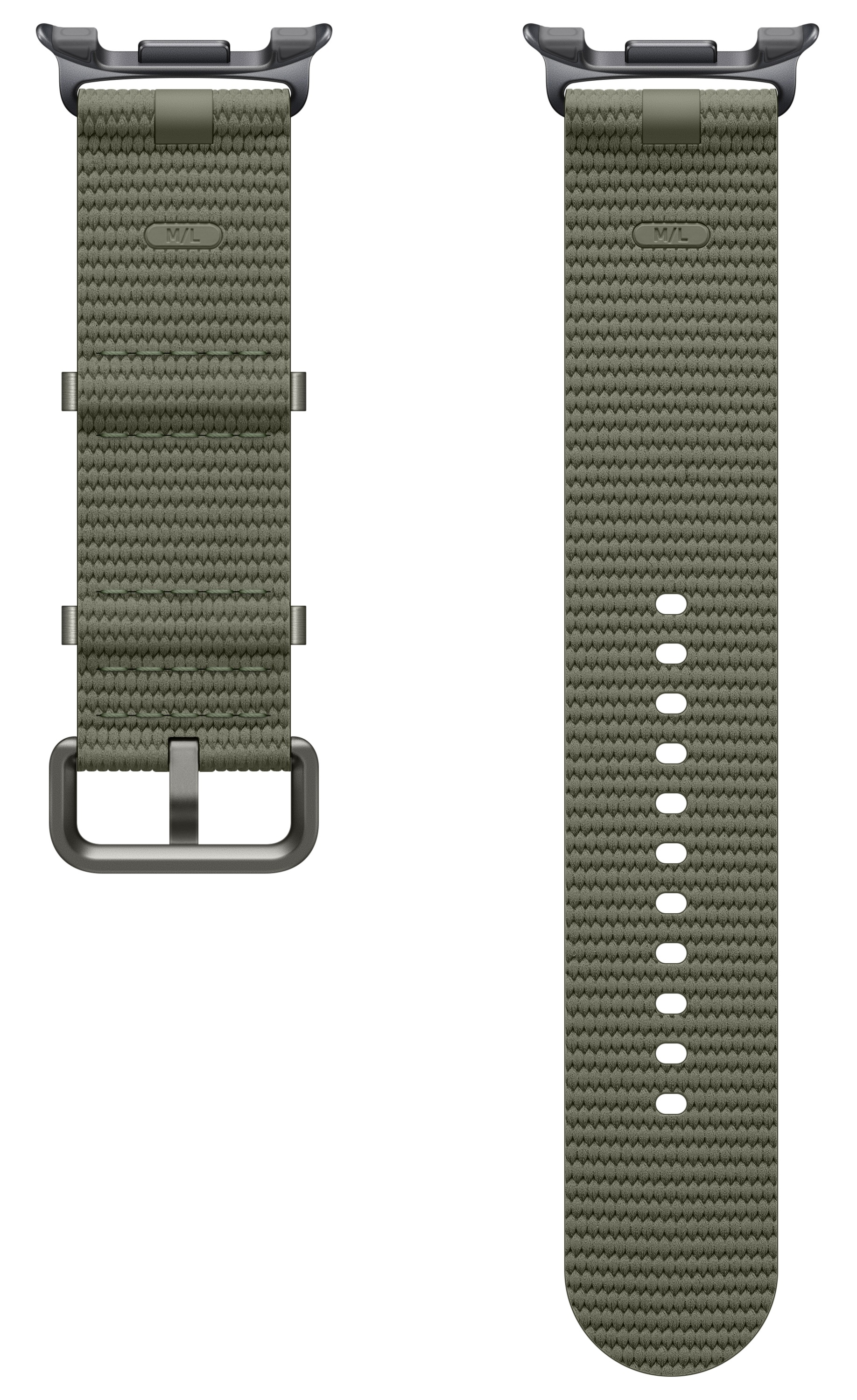 Dwuczęściowy pasek do zegarka w kolorze oliwkowym. Jedna część ze sprzączką, druga z otworami. Obie mają teksturowaną powierzchnię i ciemnoszare złącza.