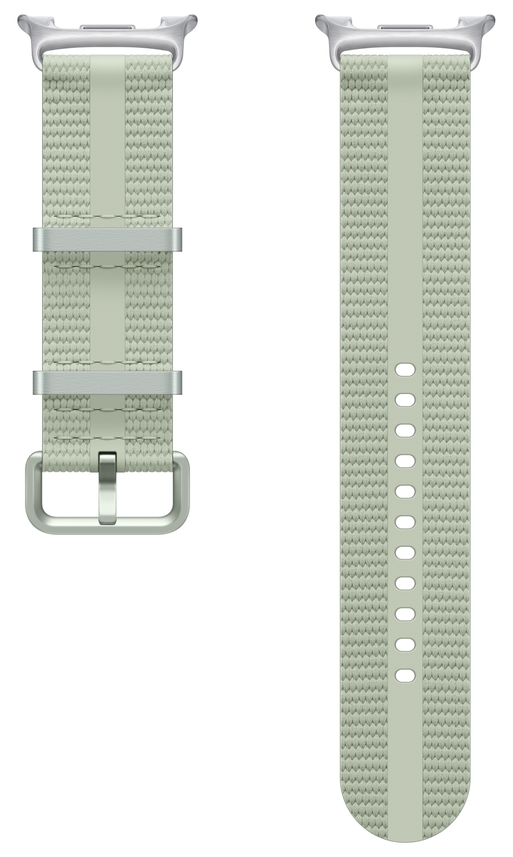 Pasek do Apple Watch, jasnozielony z tkaną fakturą. Posiada srebrny osprzęt, w tym zapięcia, klamrę i złącza zegarka.