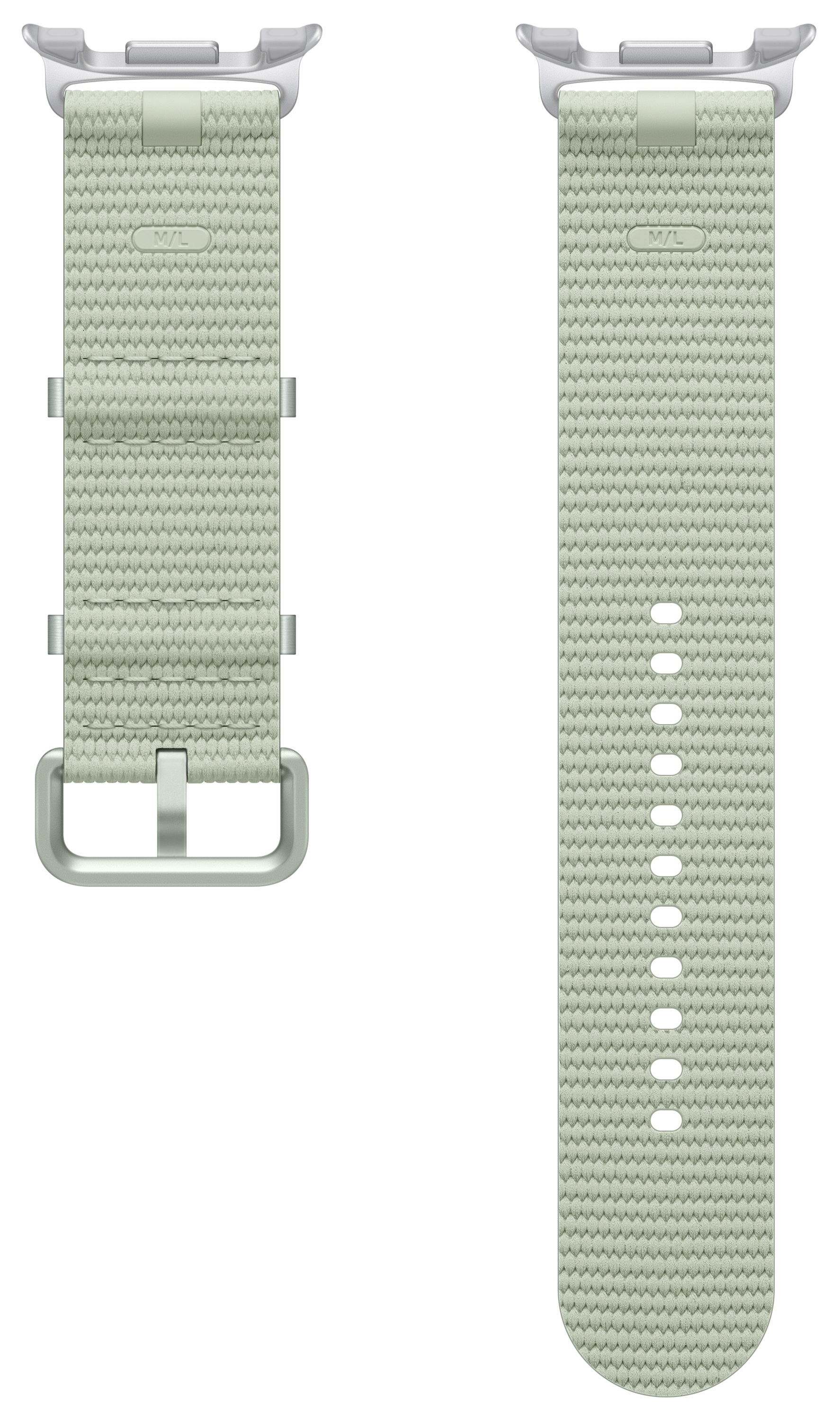 Dwuczęściowy pasek do zegarka. Jasnozielony tkany nylon. Metalowe okucia. Jeden pasek z klamrą. Drugi ma otwory do regulacji. Białe tło.
