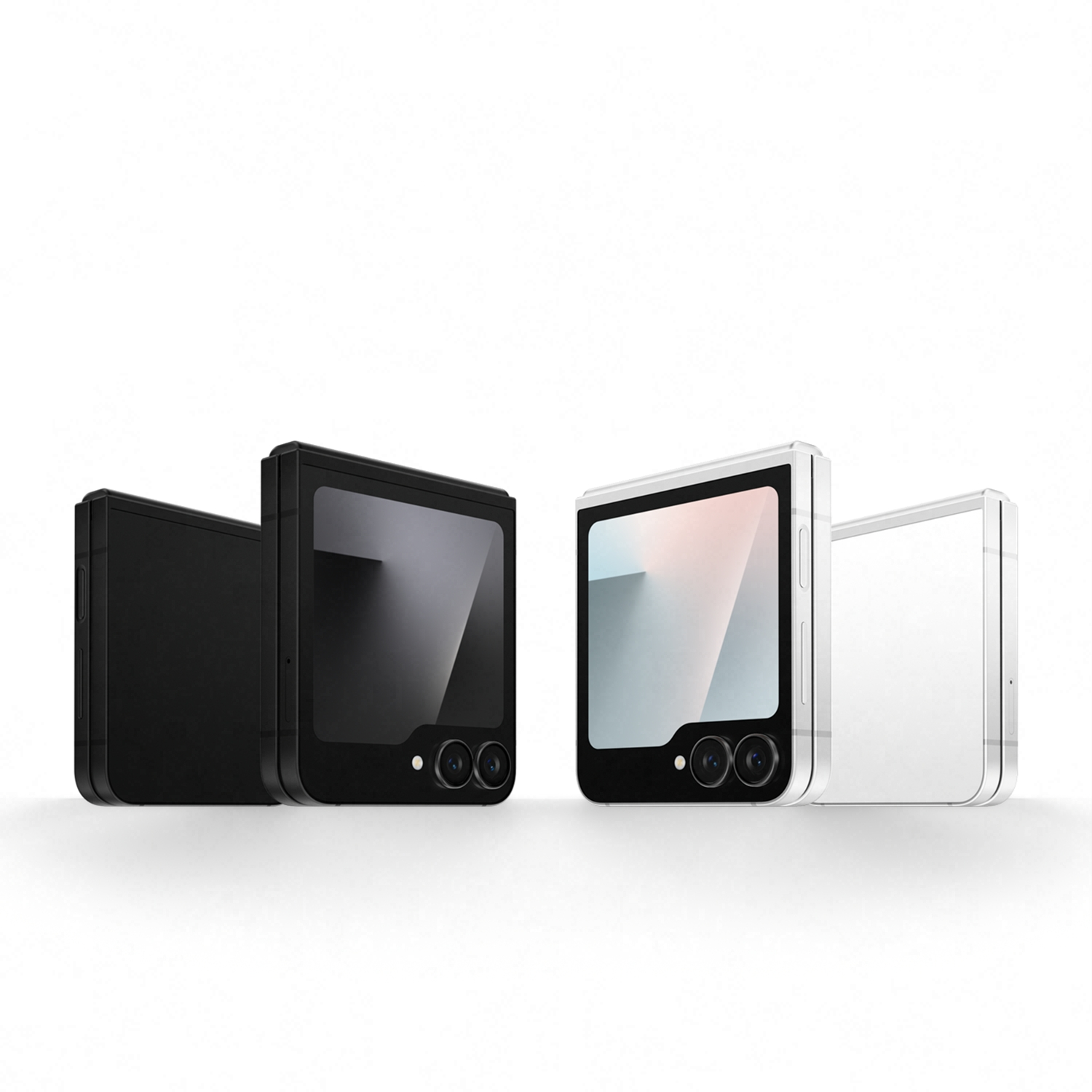 Dos teléfonos inteligentes plegables, negro y plateado, se exhiben. El teléfono negro está cerrado, mientras que el plateado está abierto.