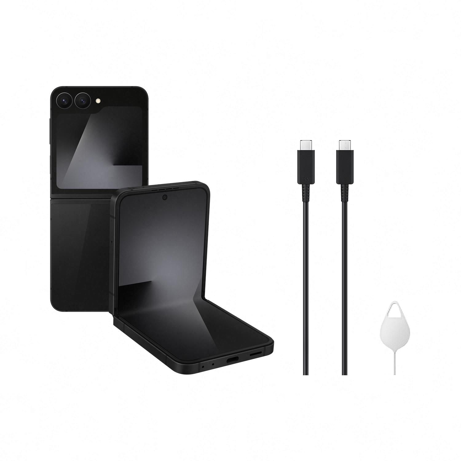 Teléfono plegable negro, dos cables USB-C negros y una herramienta de extracción de tarjeta SIM sobre fondo blanco.