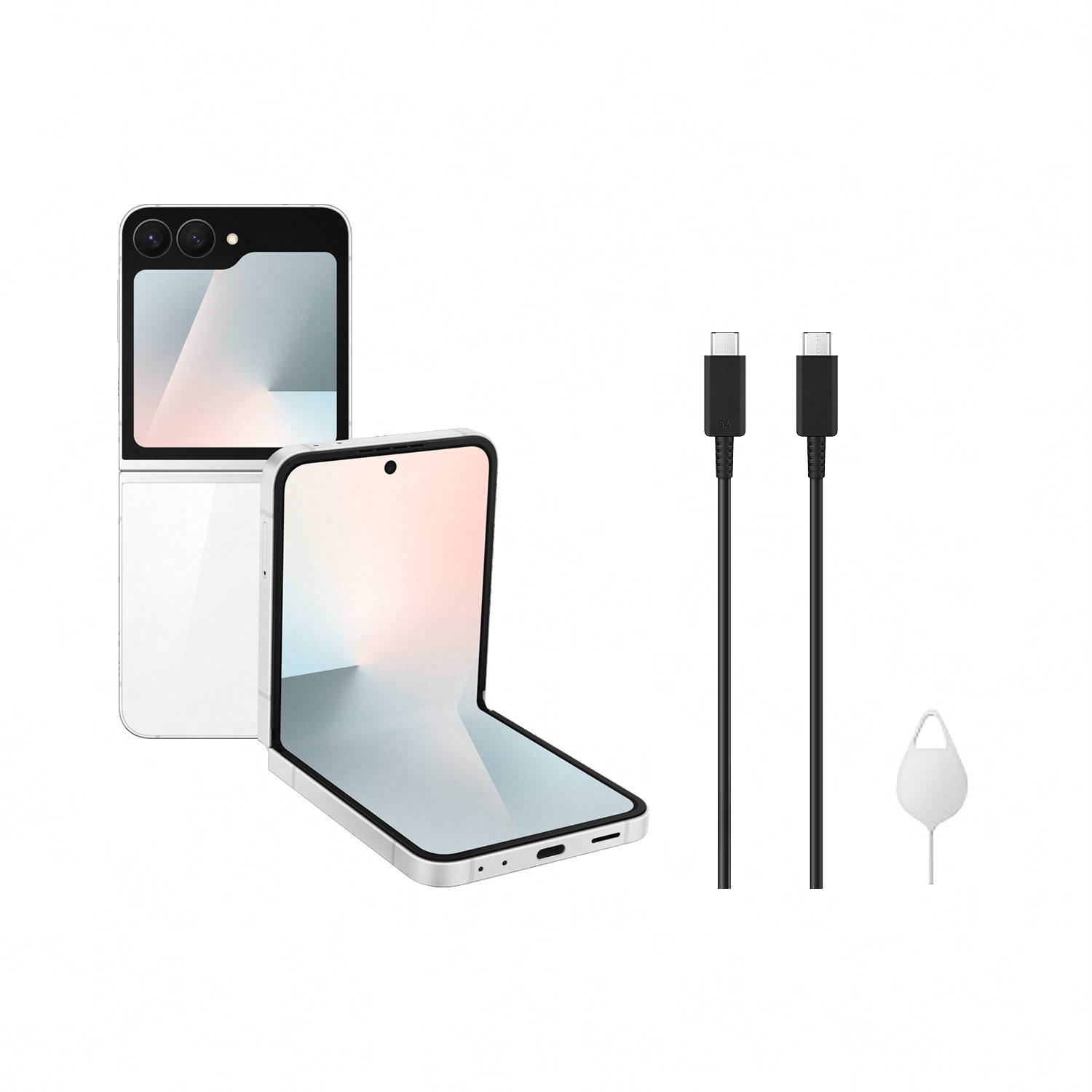 Teléfono plegable blanco, cables negros y una herramienta para tarjeta SIM sobre fondo blanco. El teléfono está parcialmente abierto.