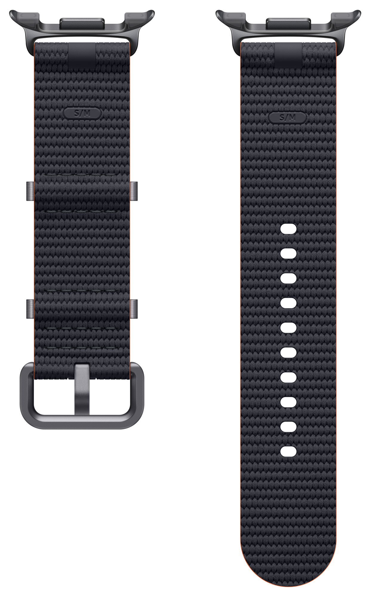 Dwa paski do zegarków na czarnym tle. Ciemnoszare paski z pomarańczowymi krawędziami. Jeden z klamrą, drugi z otworami.