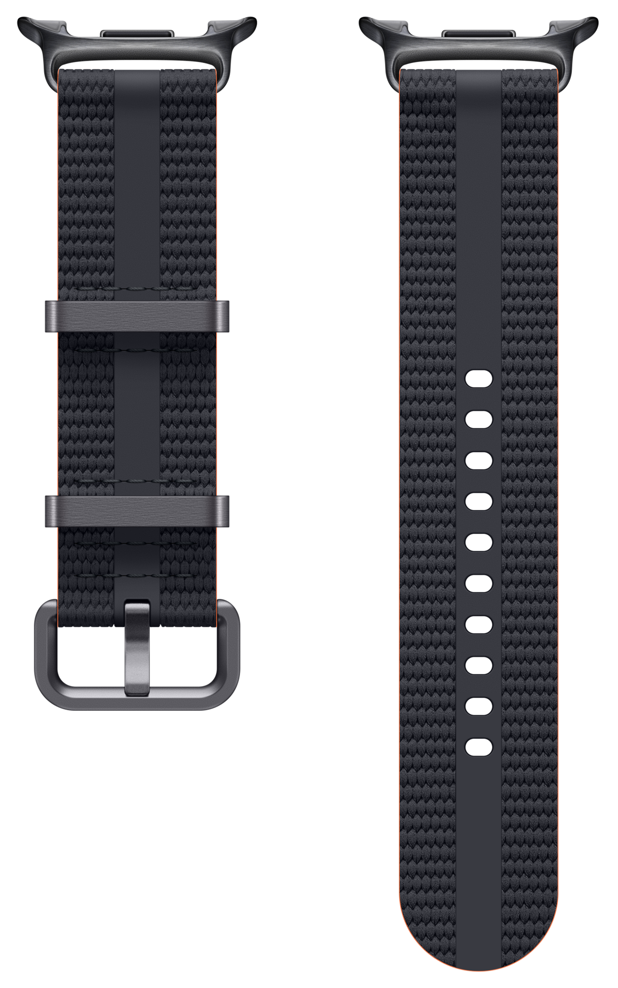 Pasek do zegarka, ciemnoszary z pomarańczowym obramowaniem, pokazany w dwóch częściach. Jedna strona z klamrą, druga z otworami do regulacji.