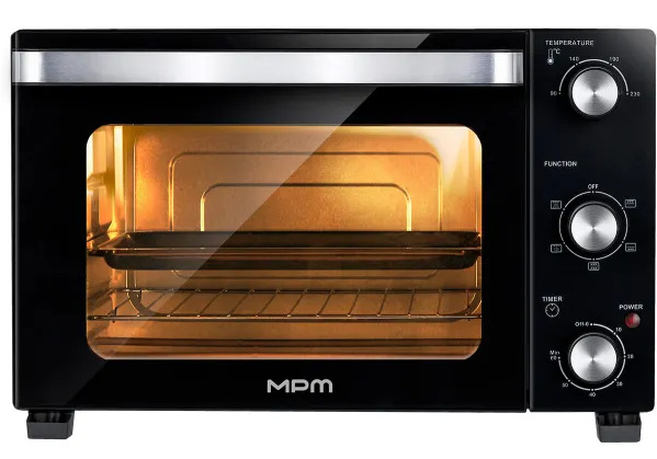 Czarny piekarnik z szklanymi drzwiami. W środku taca i ruszt. Elementy sterujące po prawej stronie, w tym temperatura i timer.