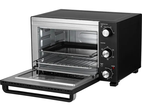 Czarny i srebrny piekarnik elektryczny z otwartymi drzwiami. Ma pokrętła do ustawiania temperatury, funkcji i timera.