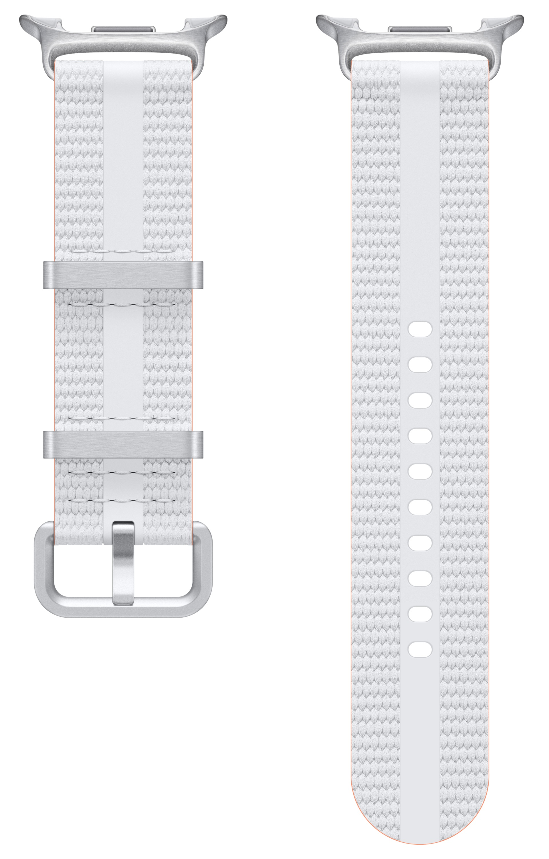 Biały pasek do zegarka z teksturowanym wzorem i srebrną klamrą.