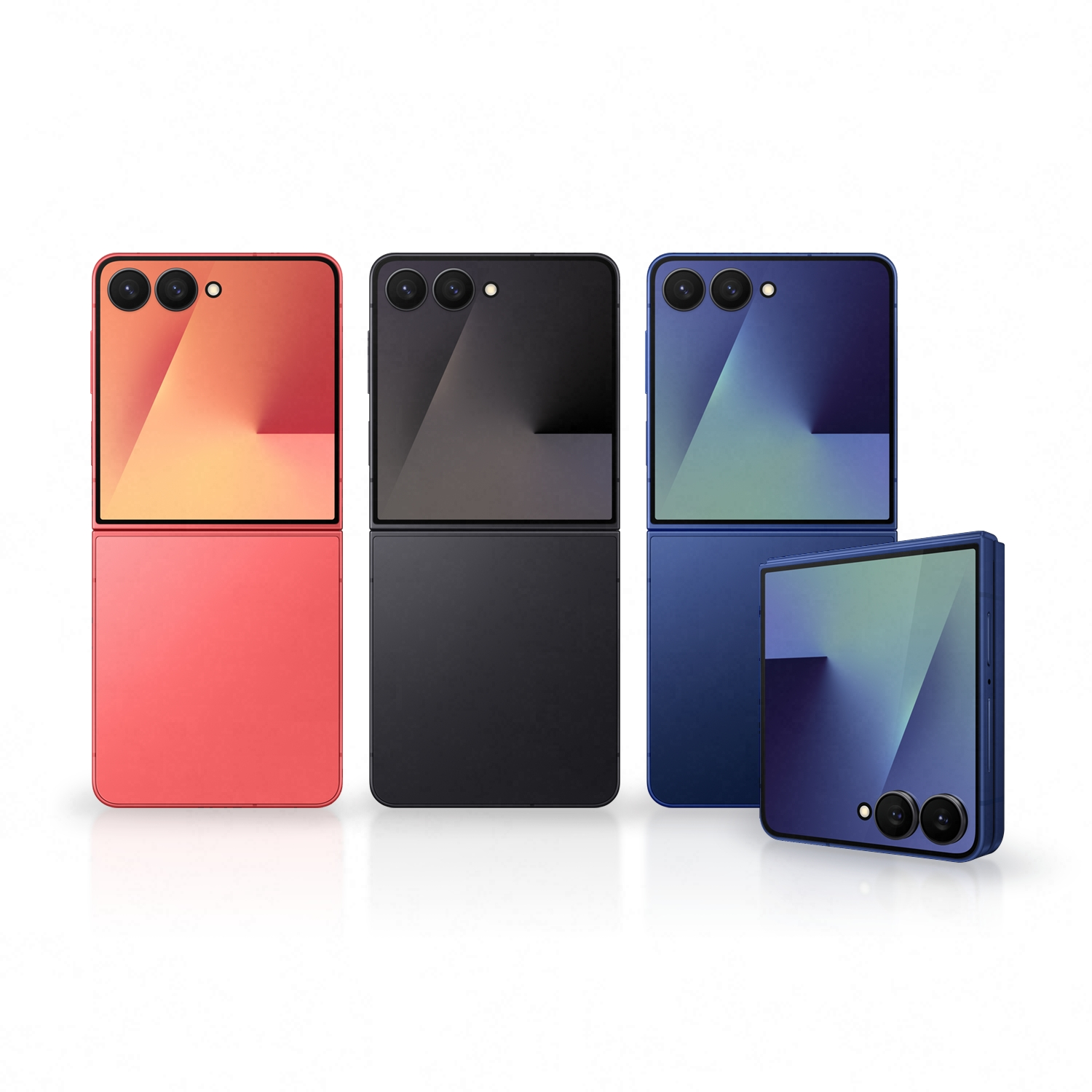 Cuatro smartphones plegables en rojo, negro y azul. Cada uno tiene cámaras y una pantalla, abierta o parcialmente abierta, sobre fondo blanco.