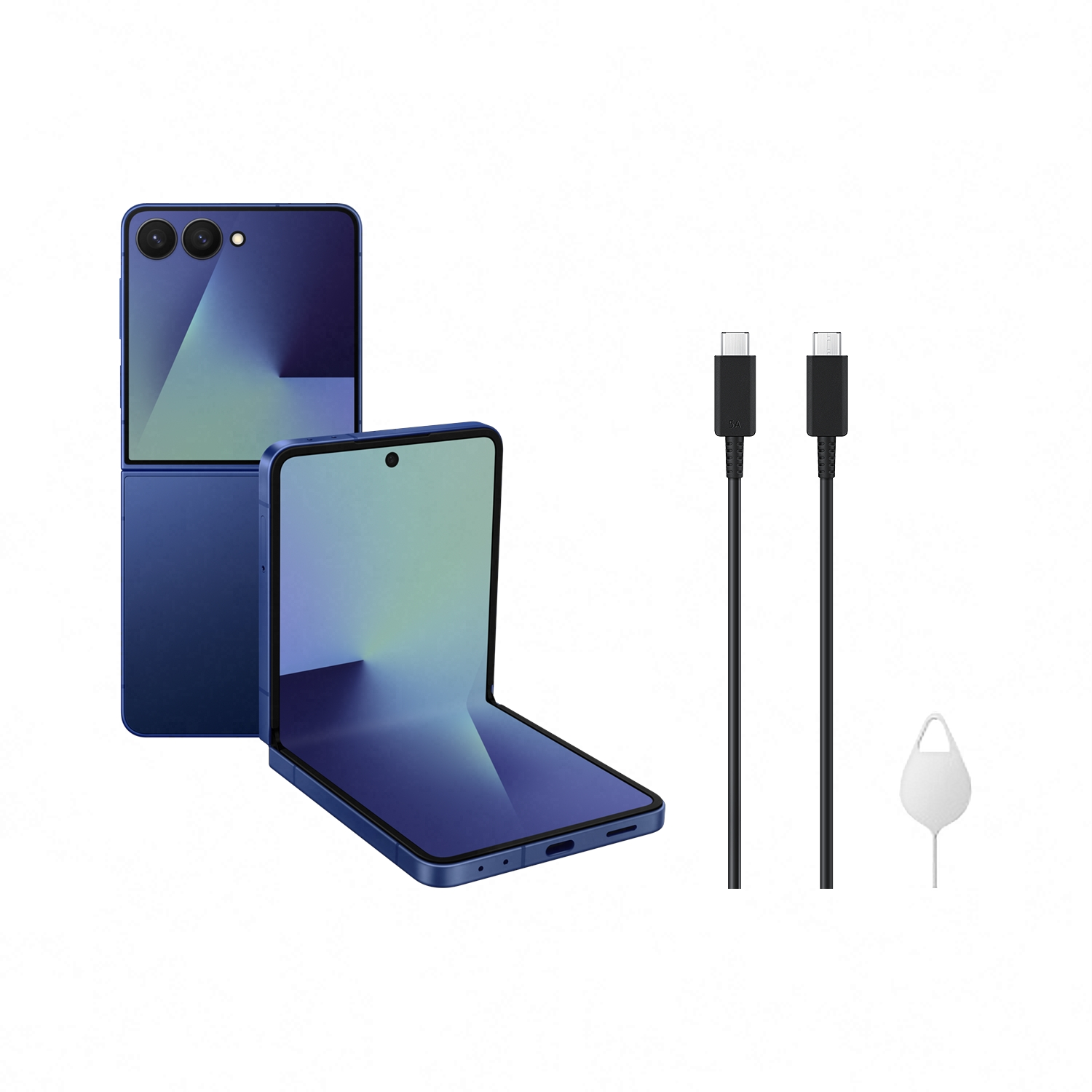 Teléfono azul plegable, dos cables USB-C negros y una herramienta de expulsión de tarjeta SIM sobre fondo blanco.