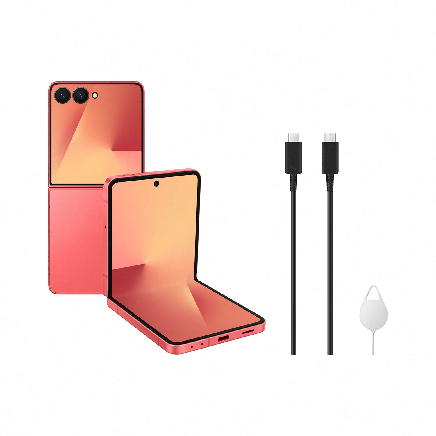 Teléfono plegable rosa, dos cables USB-C negros y una herramienta para tarjeta SIM sobre fondo blanco.