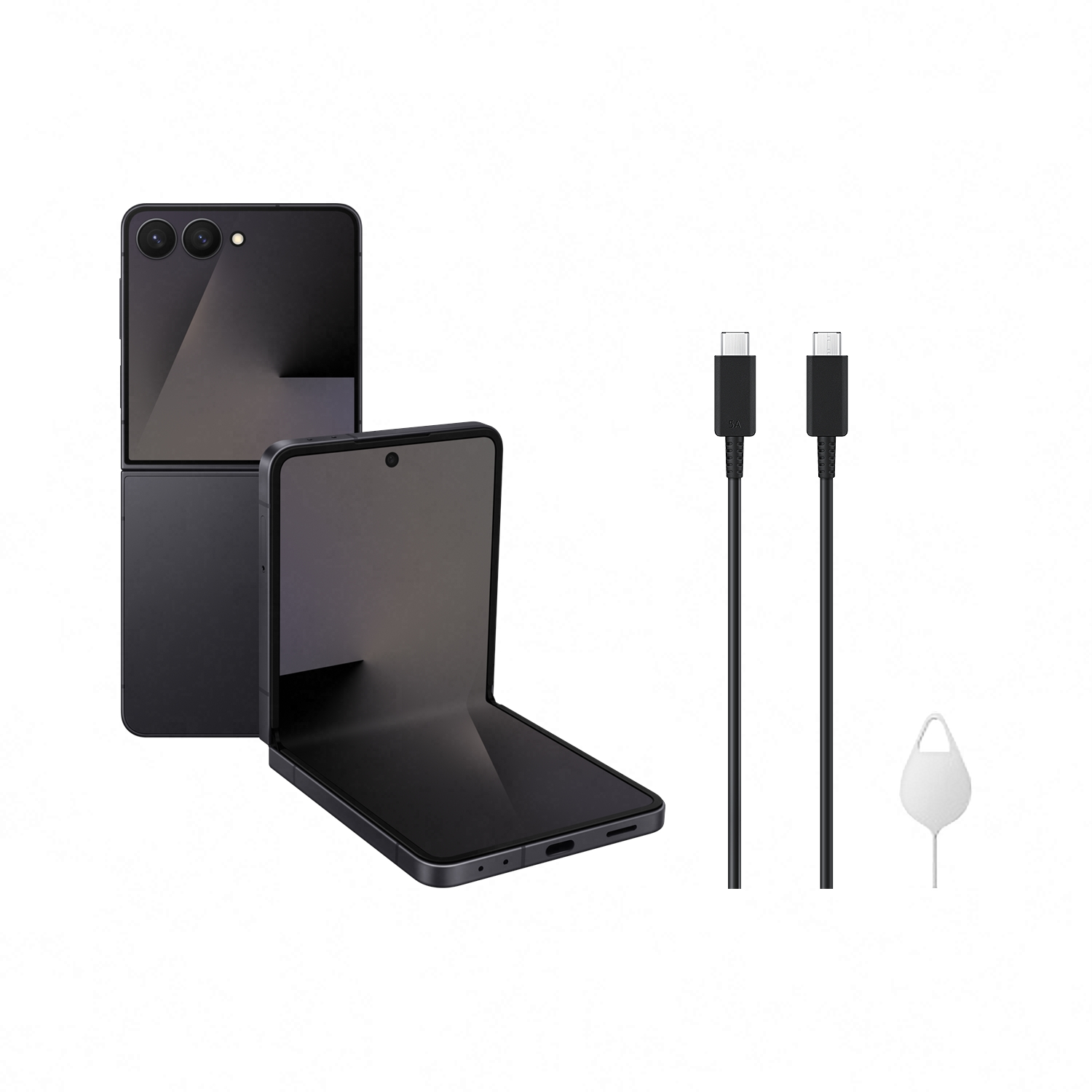Teléfono plegable negro, dos cables negros y una herramienta de extracción de SIM sobre fondo blanco.