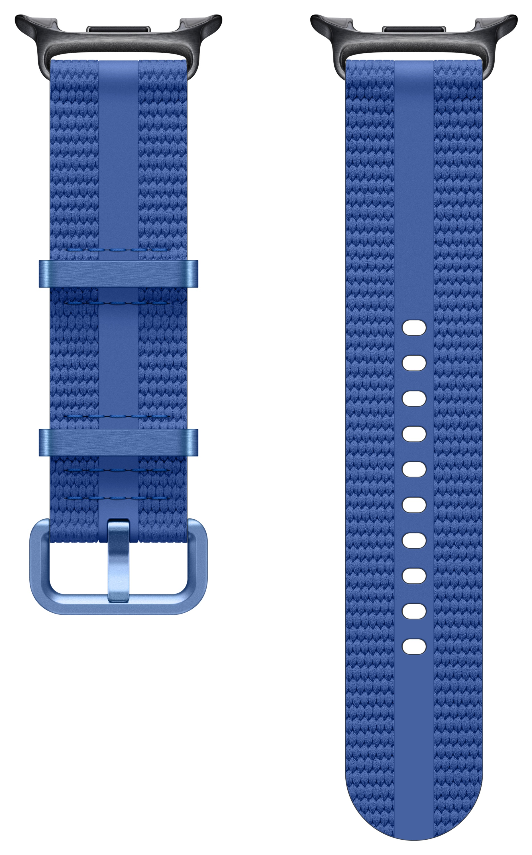 Dwuczęściowy niebieski pasek do zegarka, z teksturowanym wzorem tkaniny i centralnym gładkim paskiem. Widoczne metalowe klamry i sprzączka.
