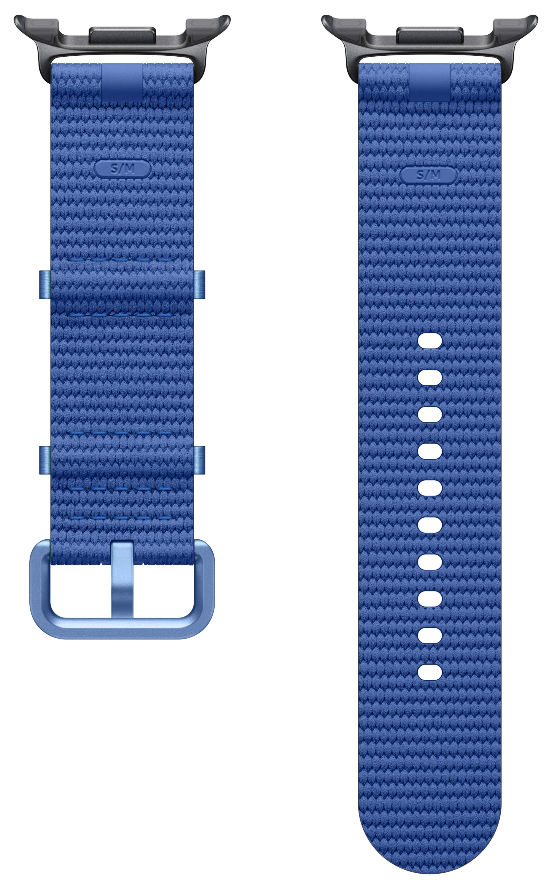 Wyświetlane są dwa niebieskie, tkane paski do zegarków. Jeden ma klamrę. Drugi ma otwory do regulacji. Oba mają metalowe złącze.