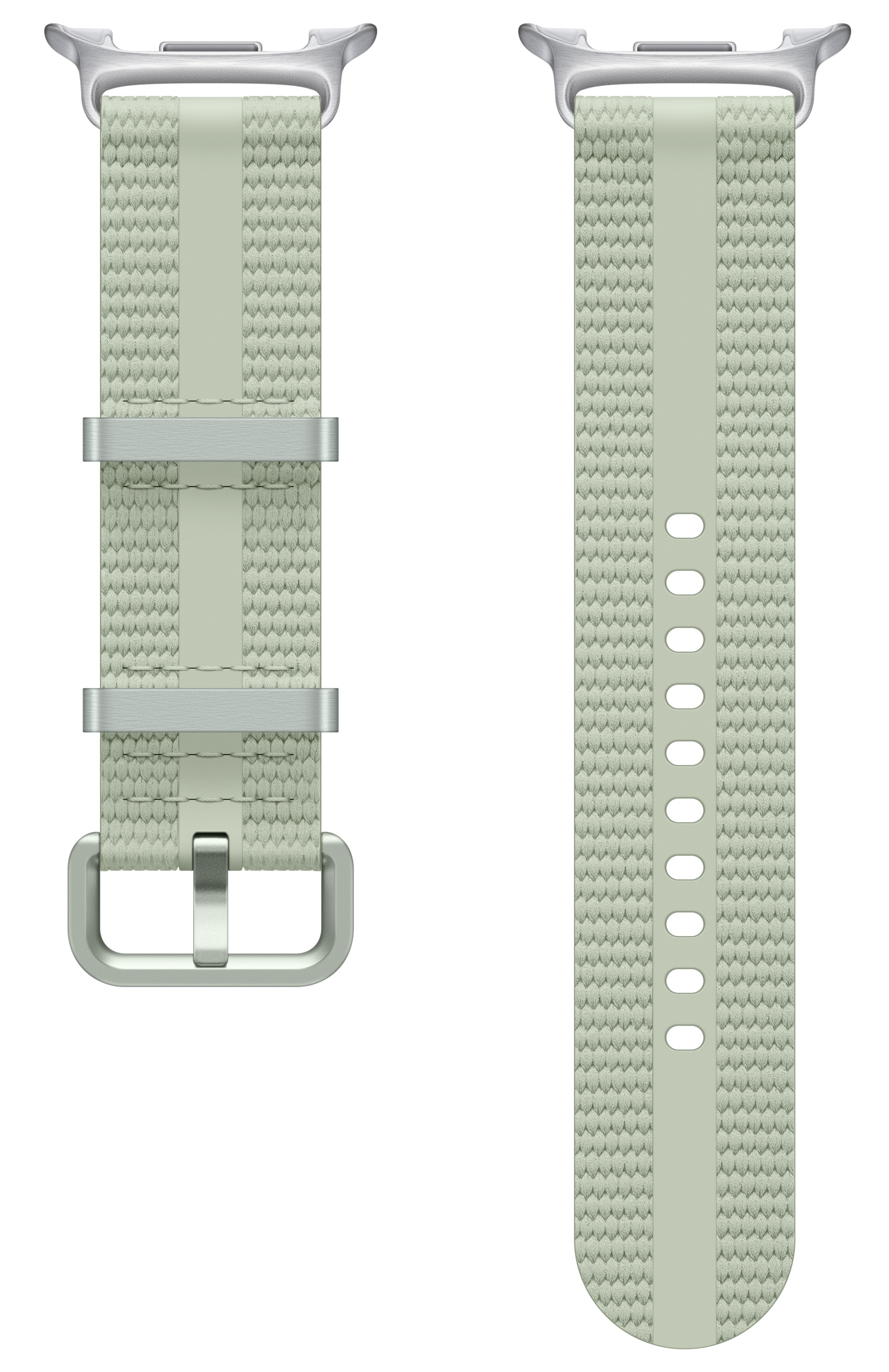 Jasnozielony pasek do zegarka z centralnym paskiem i metalowym osprzętem, pokazany w dwóch sekcjach.