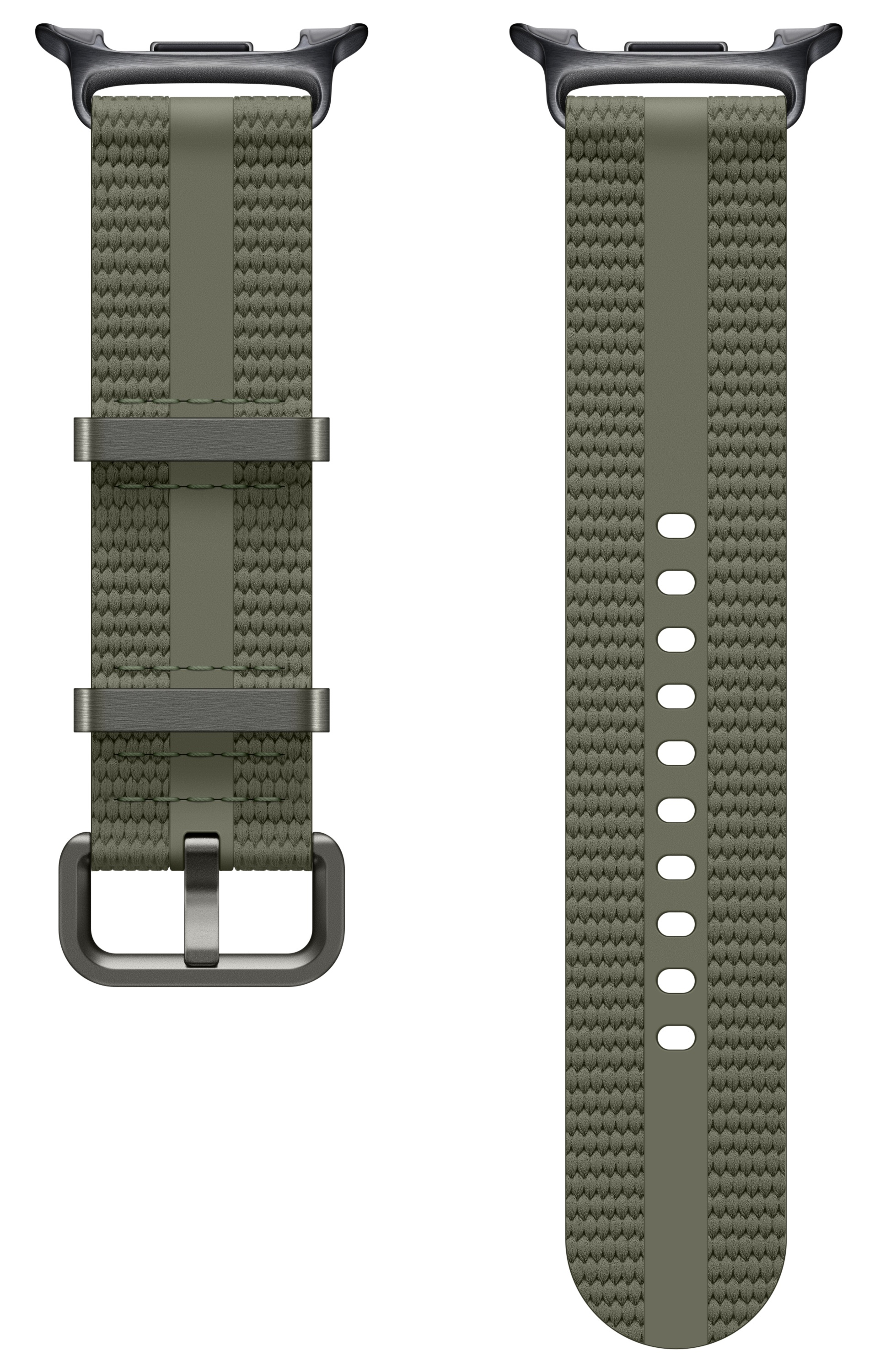 Oliwkowy pasek do zegarka, składający się z dwóch części. Jedna z klamrą, druga z otworami do regulacji, wszystko na białym tle.